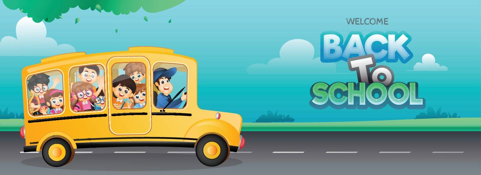 Website header or banner design with illustration of students going to school by bus for Welcome Back to School concept.