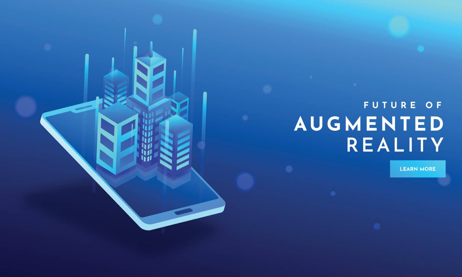 Skyscrapers illustration on smartphone screen with abstract elements on shiny blue background for Augmented Reality (AR) concept based responsive web template.