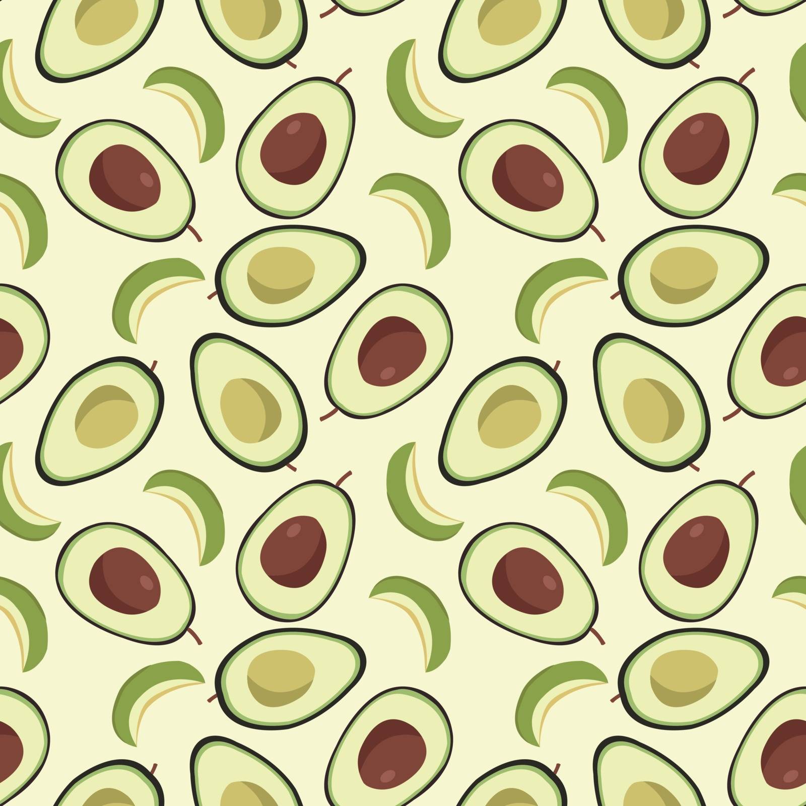 Vector Hand drawn seamless pattern with ripe green avocados. Vegetables background in flat style Texture for eco and healthy food concept.