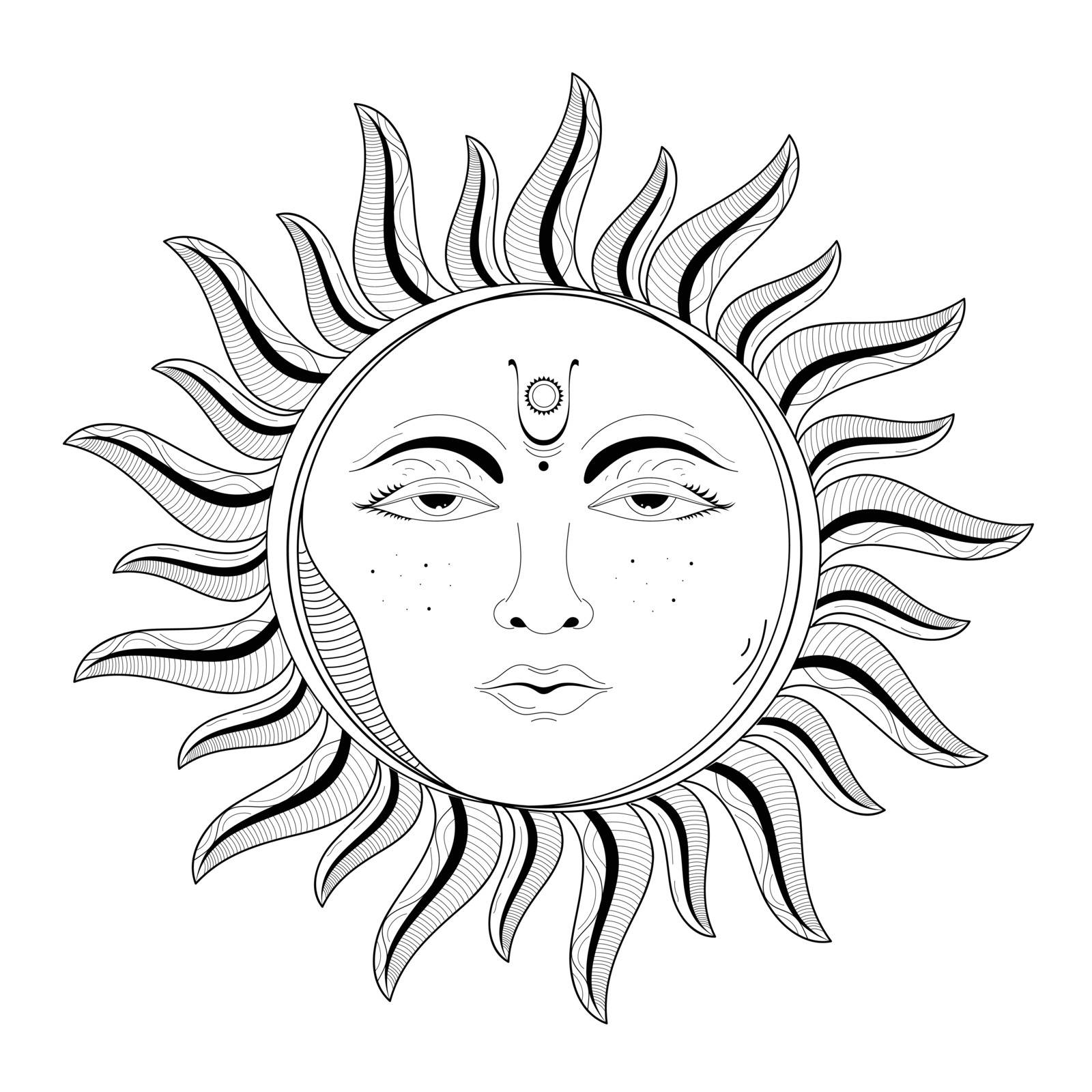 Hand drawn, Black and white illustration of sun, Creative boho element.
