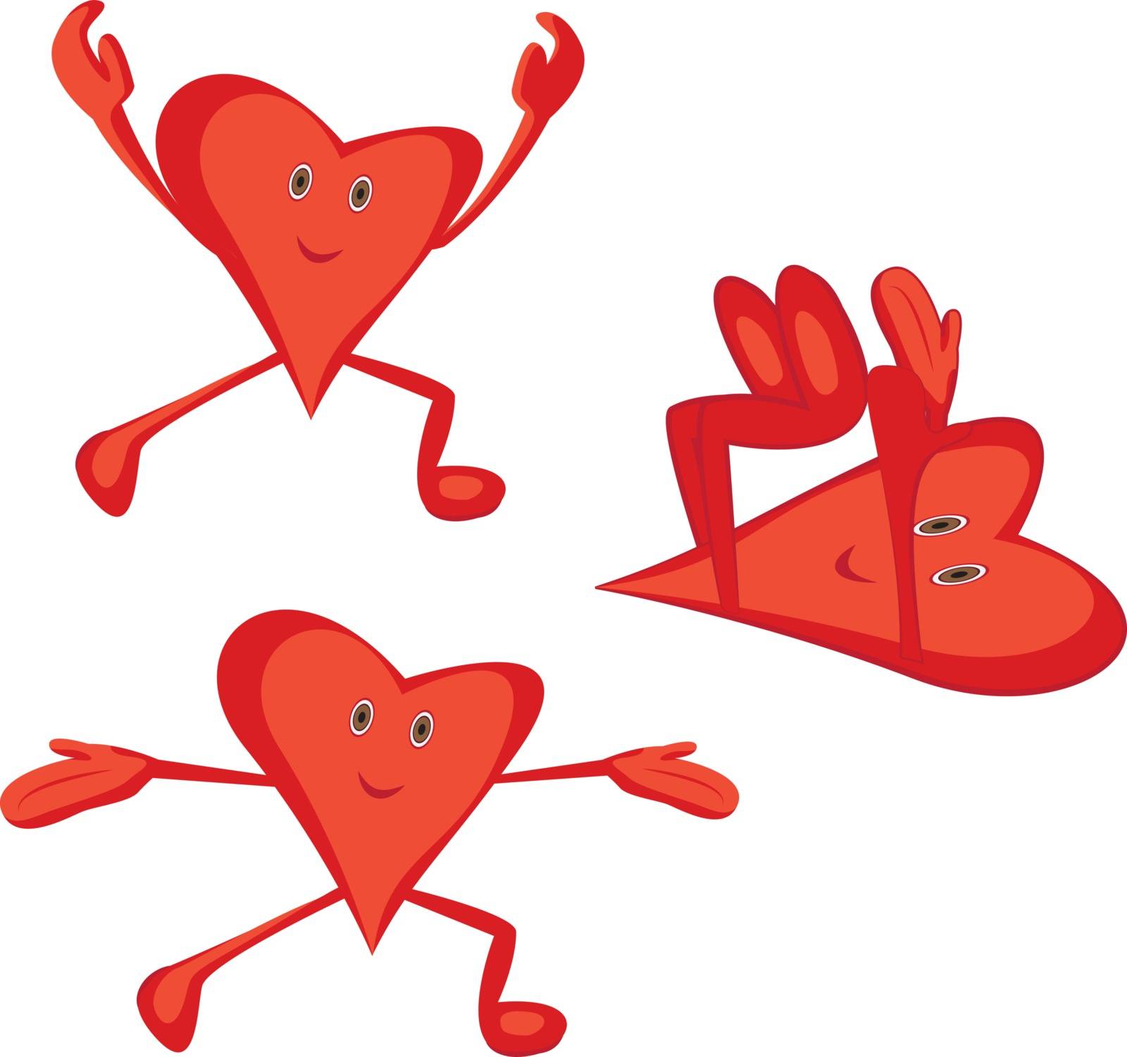 Morning cardio exercises for a healthy heart concept. Cartoon hearts doing morning exercises
