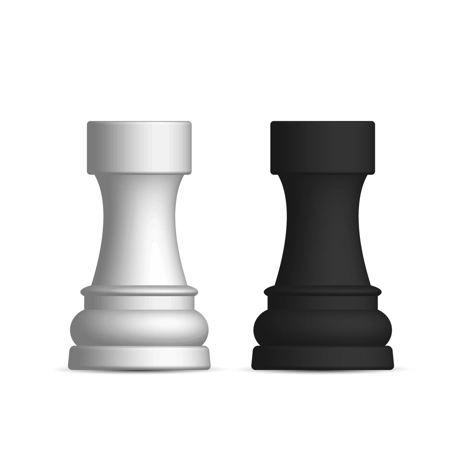 Photo realistic black and white chess piece rook. Front wiev, vector illustration.