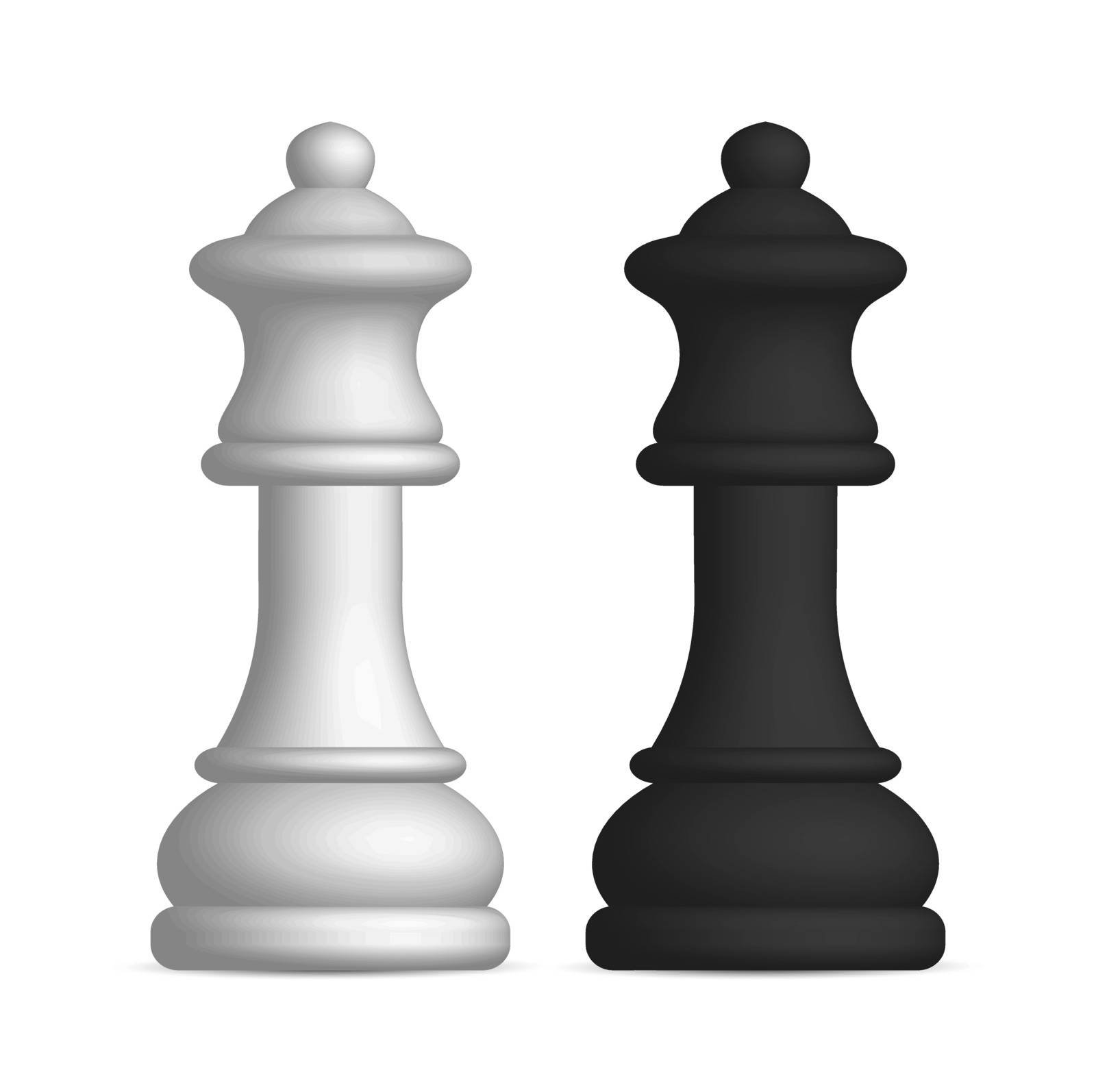 Photo realistic black and white chess piece queen. Front wiev, vector illustration.