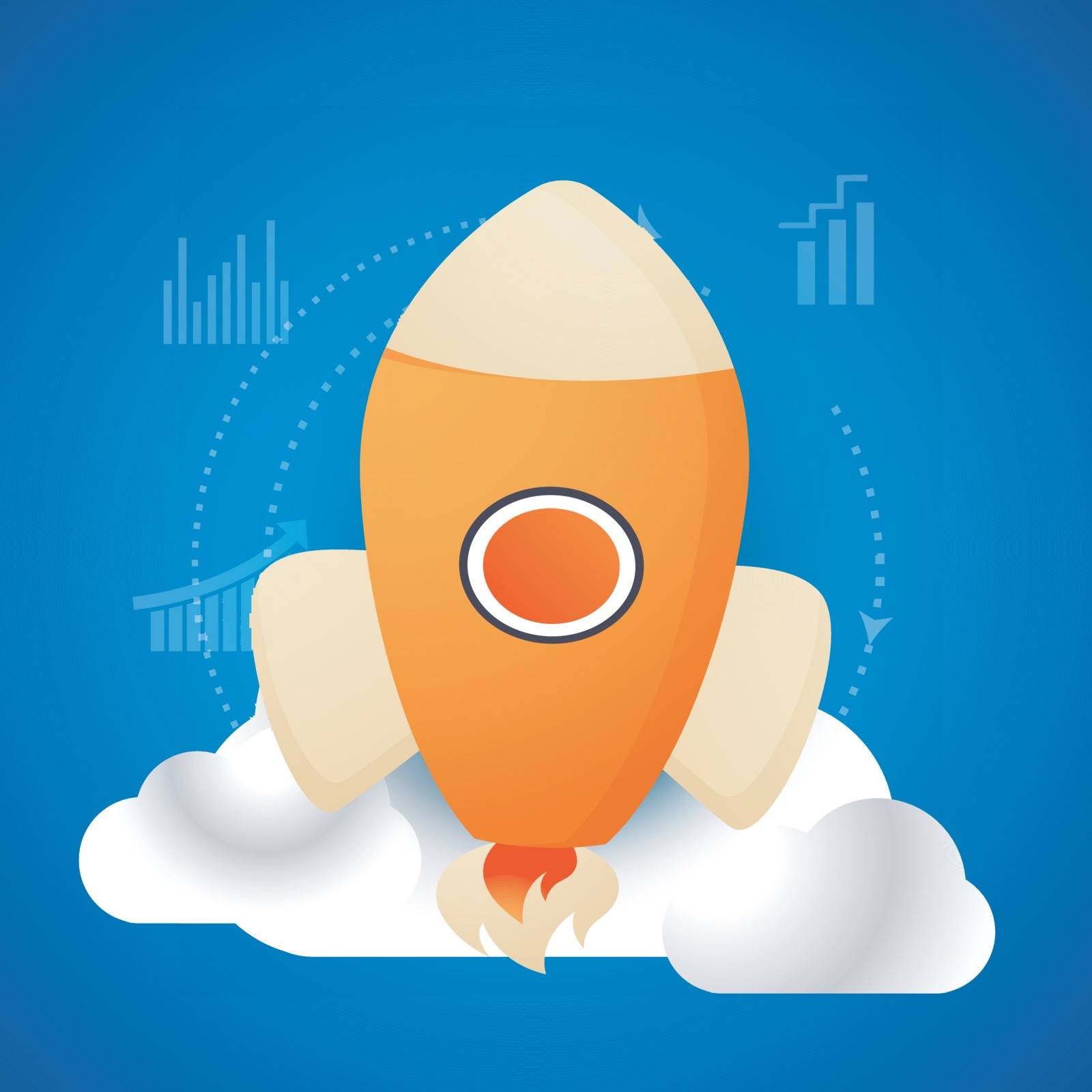 Launching Rocket on glossy clouds and infographic elements blue background for Business Start Up concept.