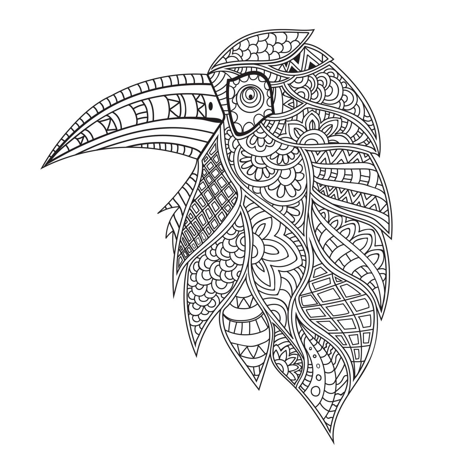 Ethnic floral patterned Hornbill Bird in hand drawn doodle style. Creative illustration for adult anti stress coloring book.