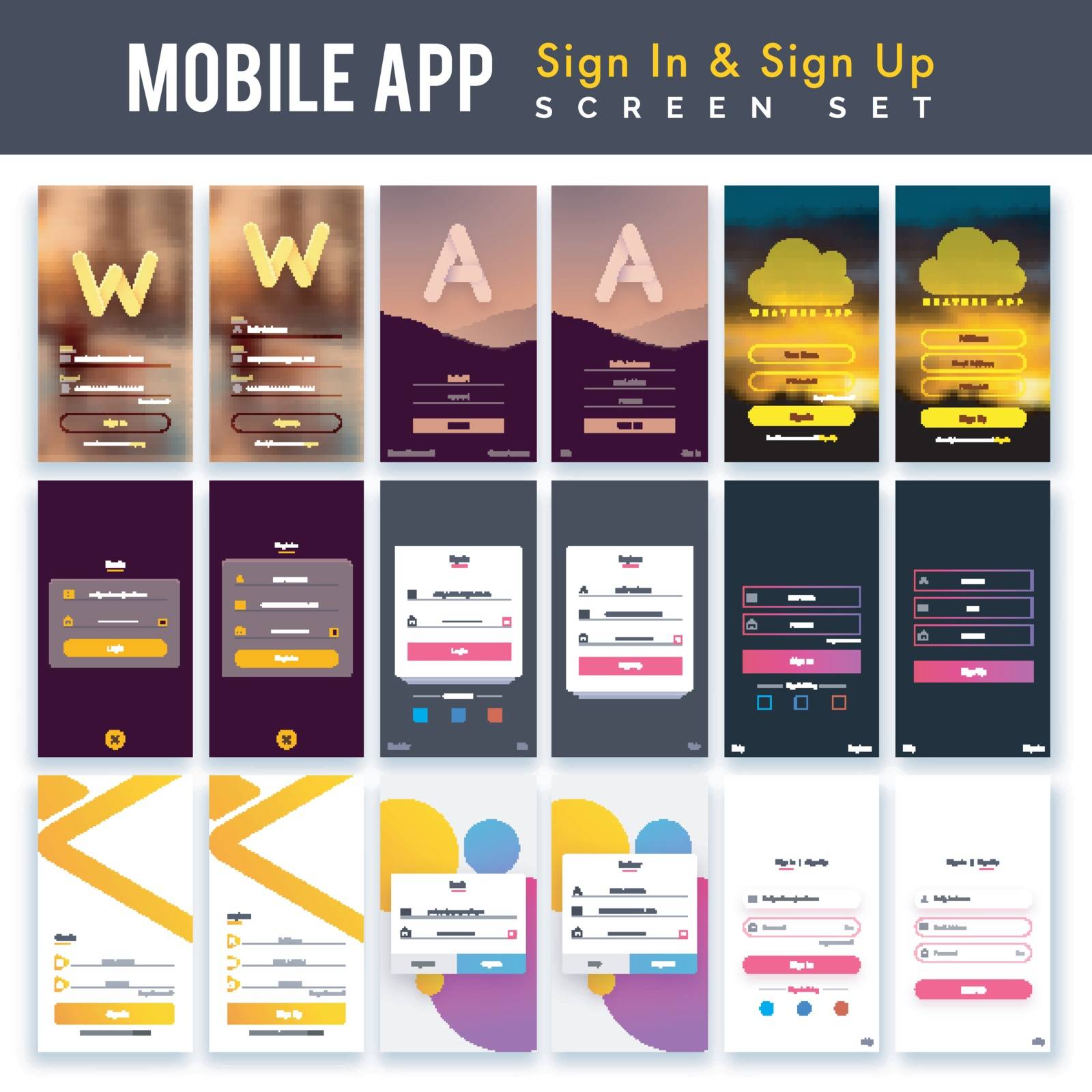 Different Mobile Sign In and Sign Up Screens set. Material Design, UI, UX and GUI template with web symbols for e-commerce business concept.