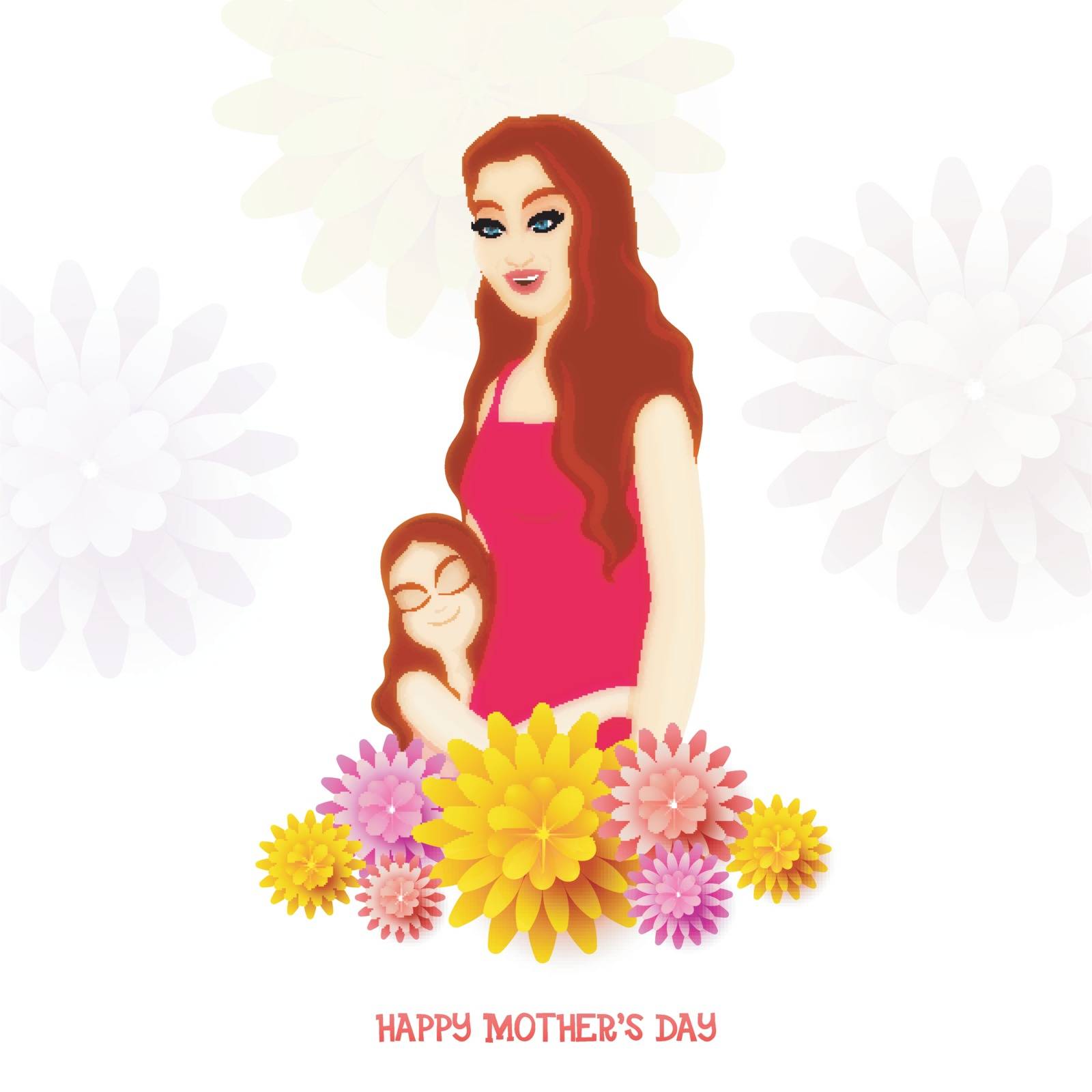 Cute daughter hugging her mother on flowers decorated background for Happy Mother's Day celebration.