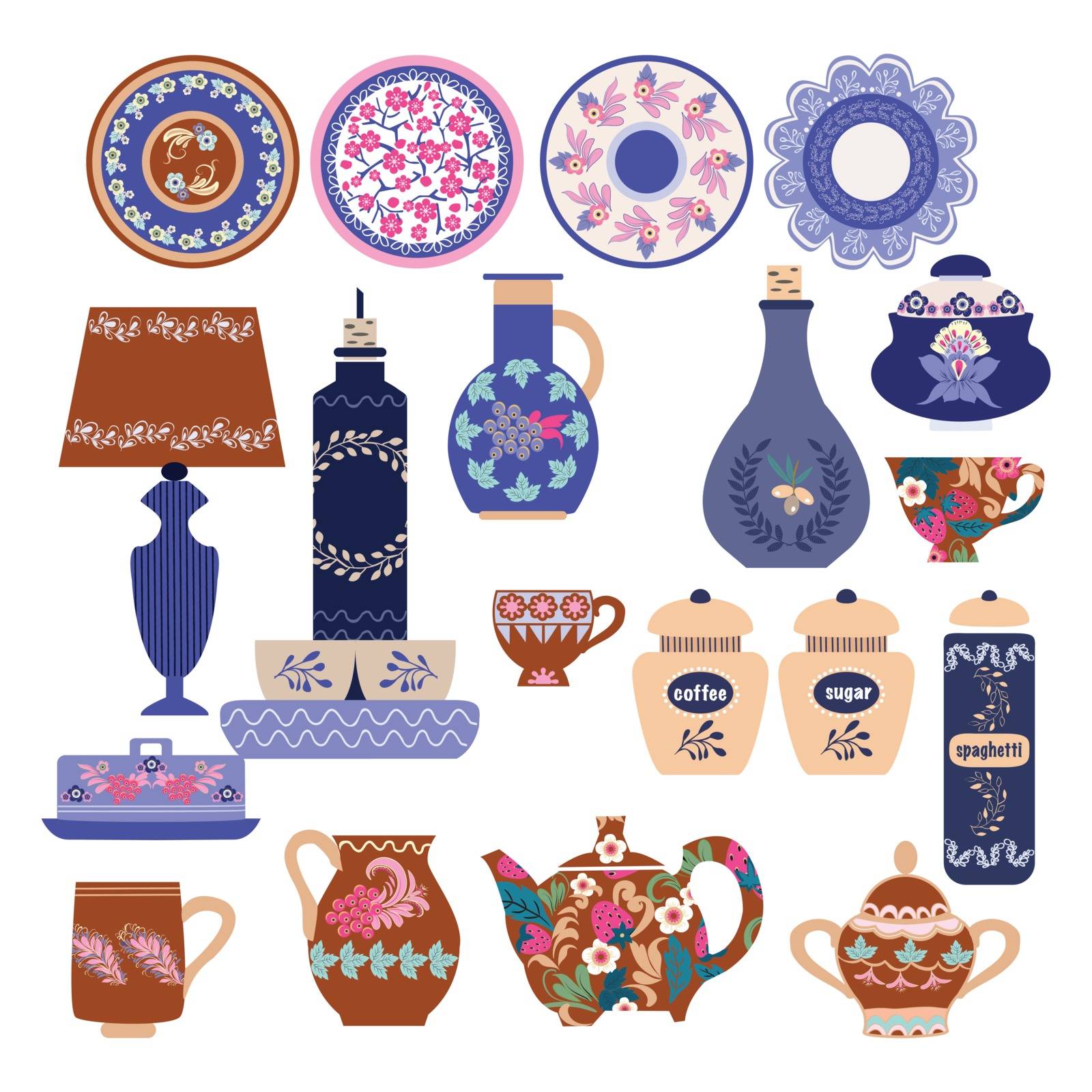 Vector hand drawn collection of beautifully ceramic and porcelain household utensils and tools cups, dishes, plates vases, jugs illustration. Can use for pattern, template, banner, posters, shop or Restaurant card design.