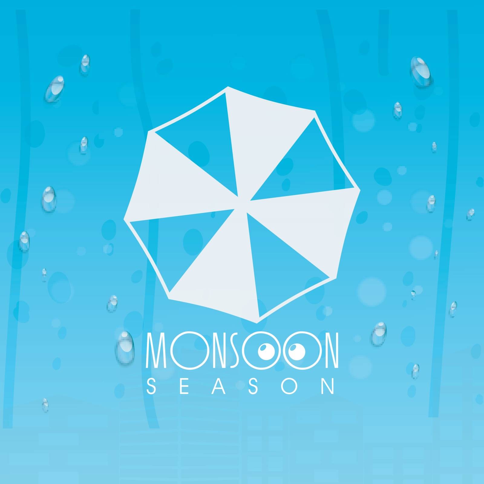 Monsoon Season background with umbrella and rain drops.