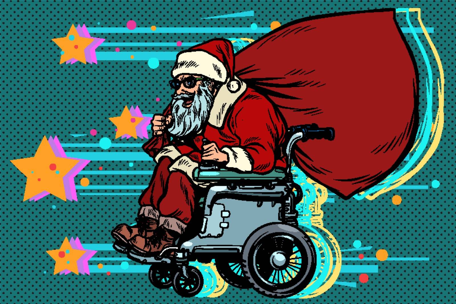 Santa Claus is an active wheelchair user disabled. Christmas and New year. Pop art retro vector illustration kitsch vintage 50s 60s