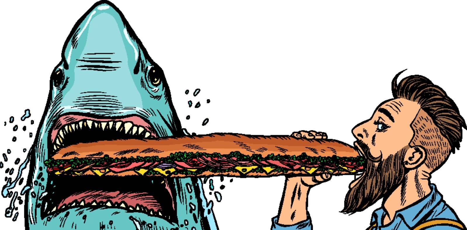 shark and man eating fast food sandwiches. Hunger and street food concept.. Pop art retro vector illustration drawing