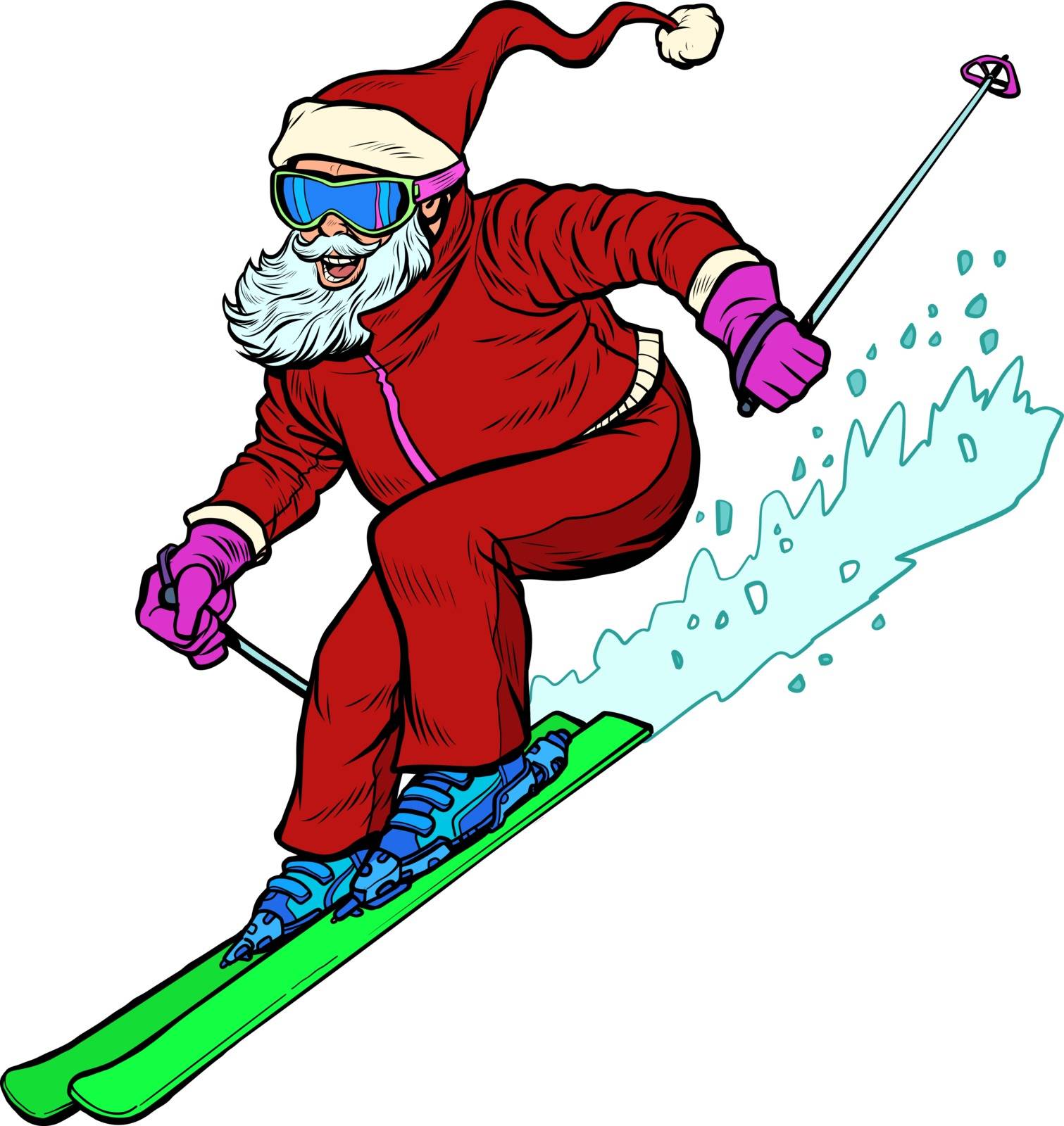 Santa Claus character goes skiing merry Christmas and happy new year. Pop art retro vector illustration vintage kitsch drawing 50s 60s