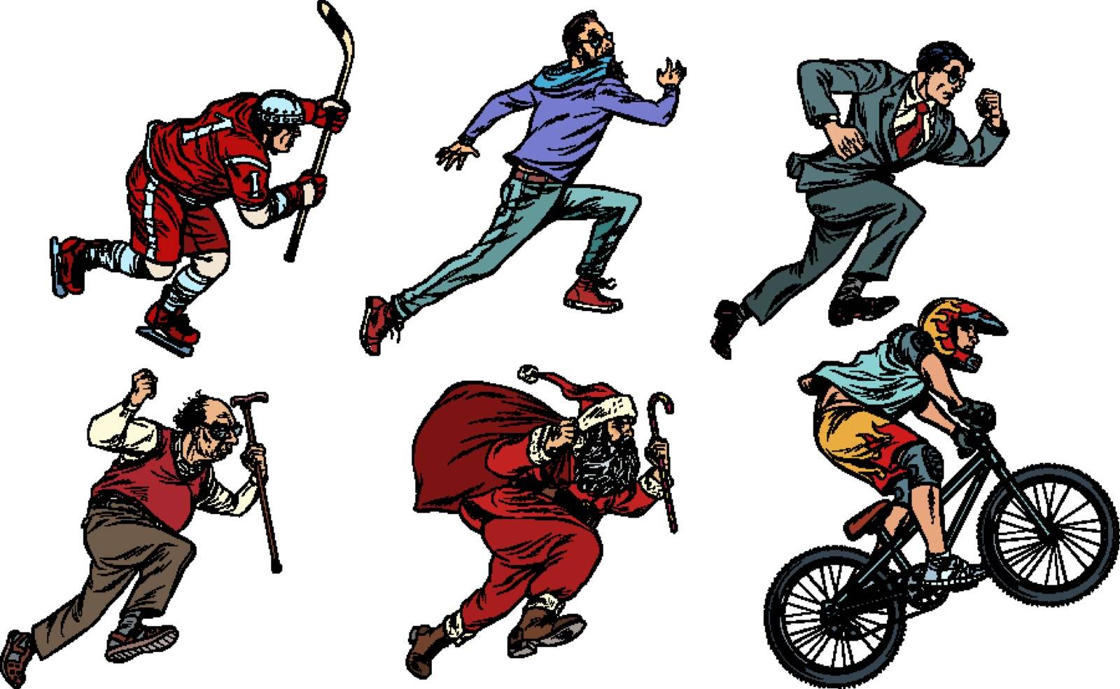 set collection hockey man cyclist businessman runner hipster Santa Claus. Pop art retro vector illustration drawing