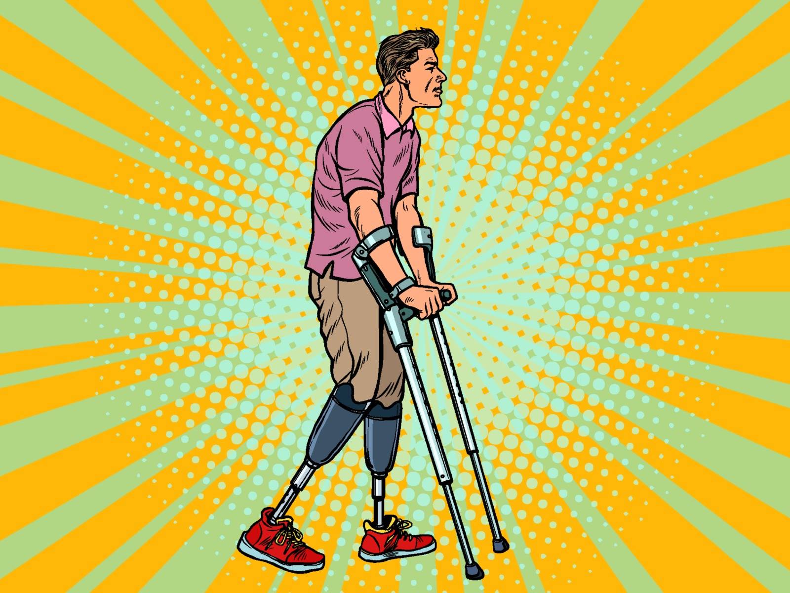 legless veteran with a bionic prosthesis with crutches. a disabled man learns to walk after an injury. rehabilitation treatment and recovery. pop art retro vector illustration kitsch vintage drawing 50s 60s