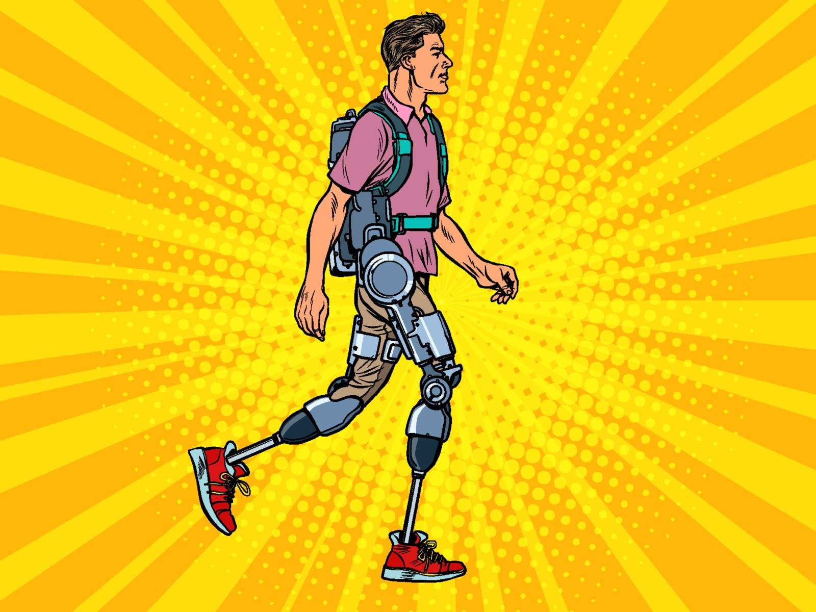 exoskeleton for the disabled. A man legless veteran walks. rehabilitation treatment recovery. science and technology. pop art retro vector illustration kitsch vintage drawing 50s 60s