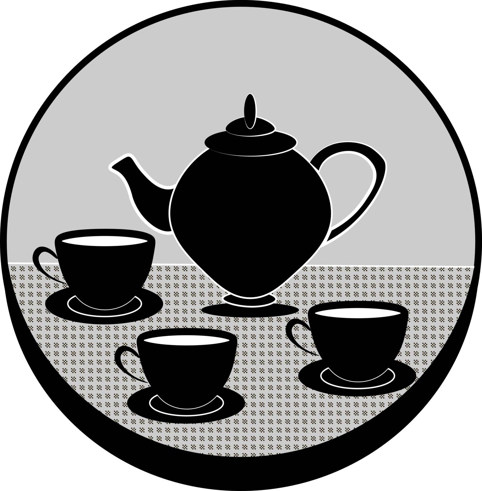 Grey circle with the black vintage teapot and three black cups of tea on the table