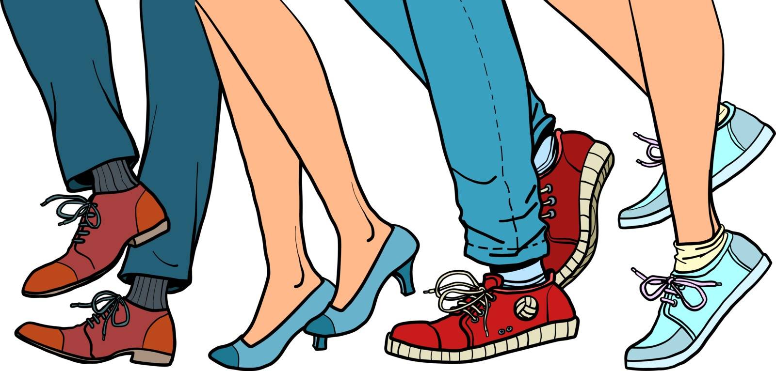 close-up of legs of people walking. Comic cartoon pop art retro vector illustration drawing