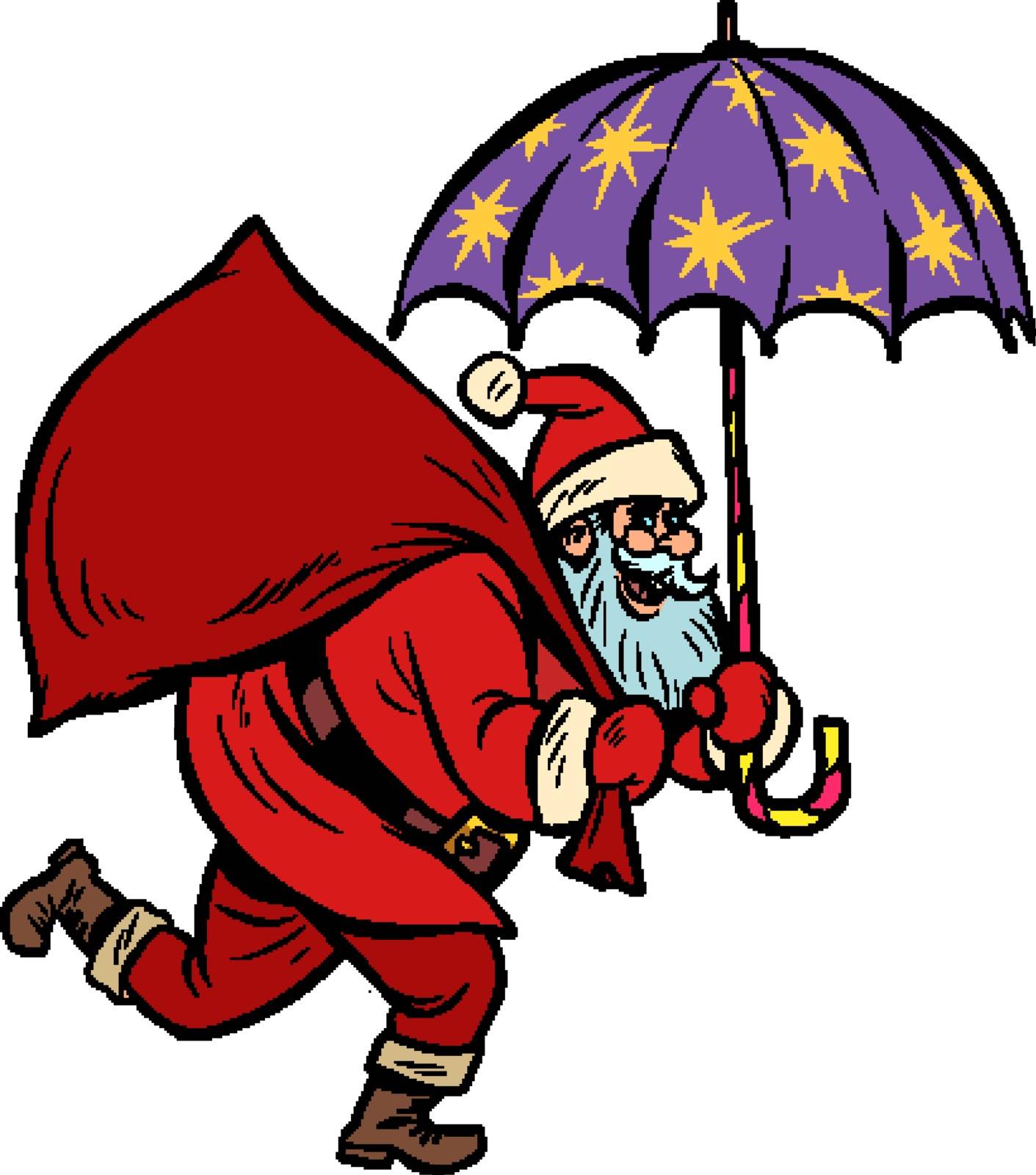 Santa Claus with star umbrella, magical night. Christmas and New year. Comic cartoon pop art retro vector illustration drawing
