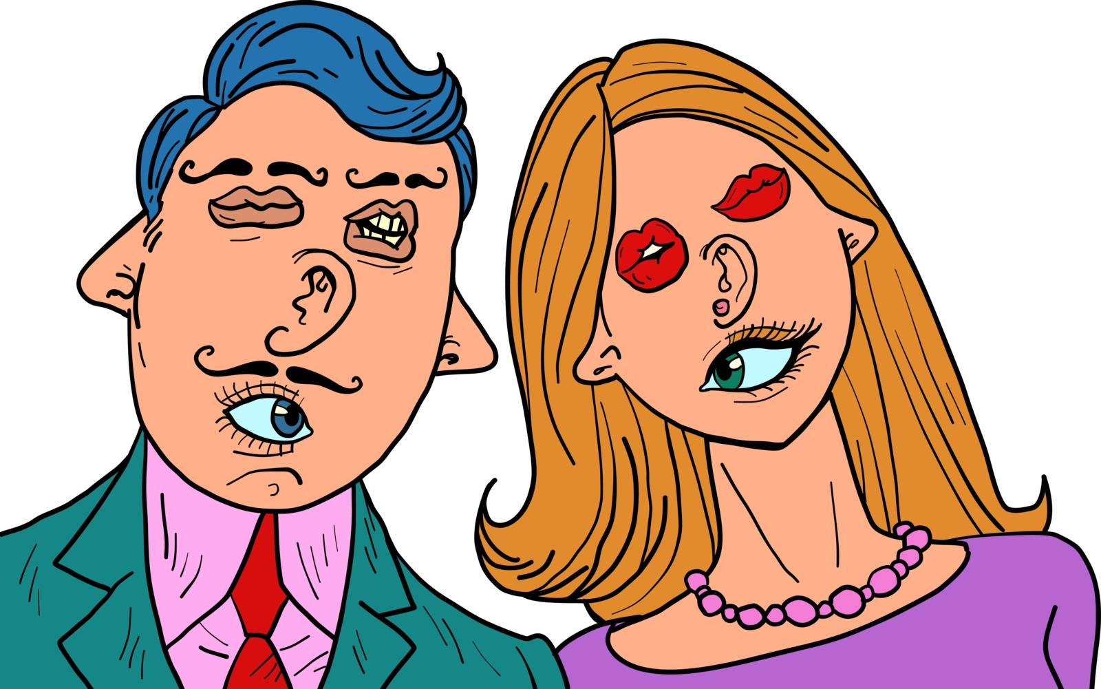 funny couple in love. Mixed faces eyes mouth ears nose. Comic cartoon pop art retro vector illustration drawing