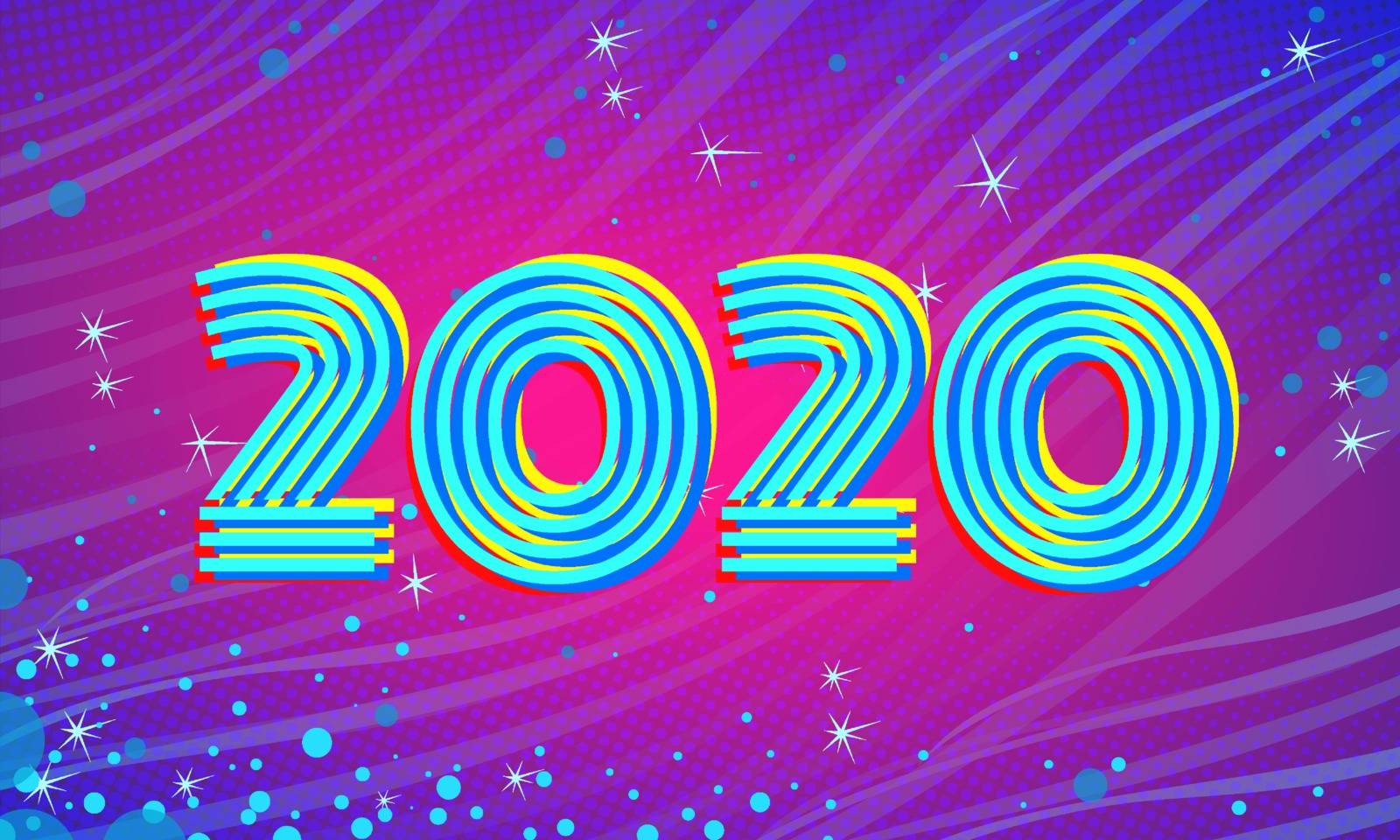 2020 Blue Magenta new year background. Comic cartoon pop art retro vector illustration drawing