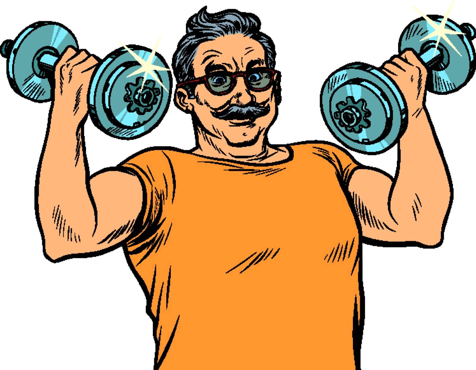 elderly man lifts dumbbells, fitness sport. Pop art retro vector illustration drawing vintage kitsch