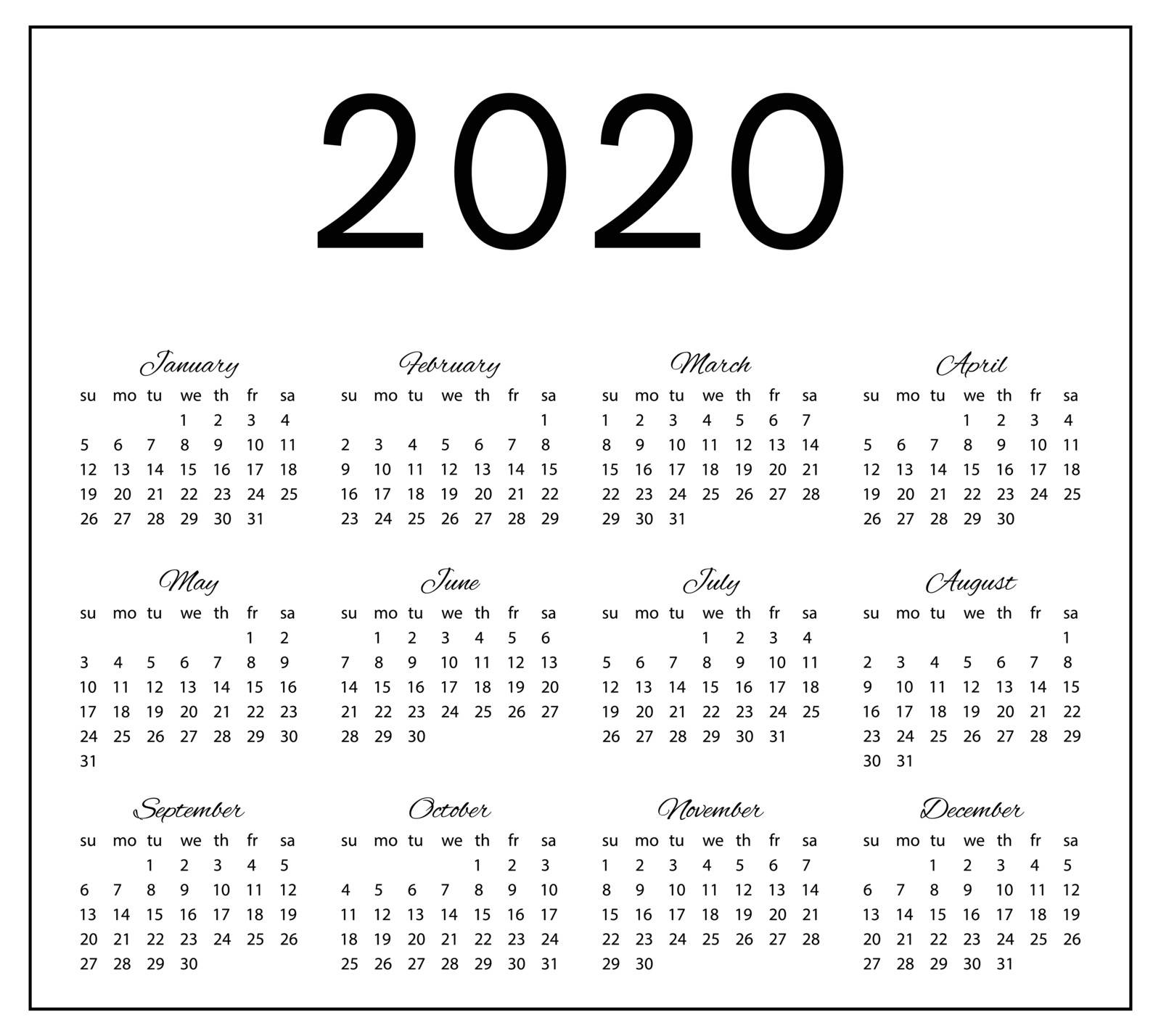 2020 simple Calendar, sunday to monday. Black text and numbers on white background, with dark frame. Months in handwritten lettering.