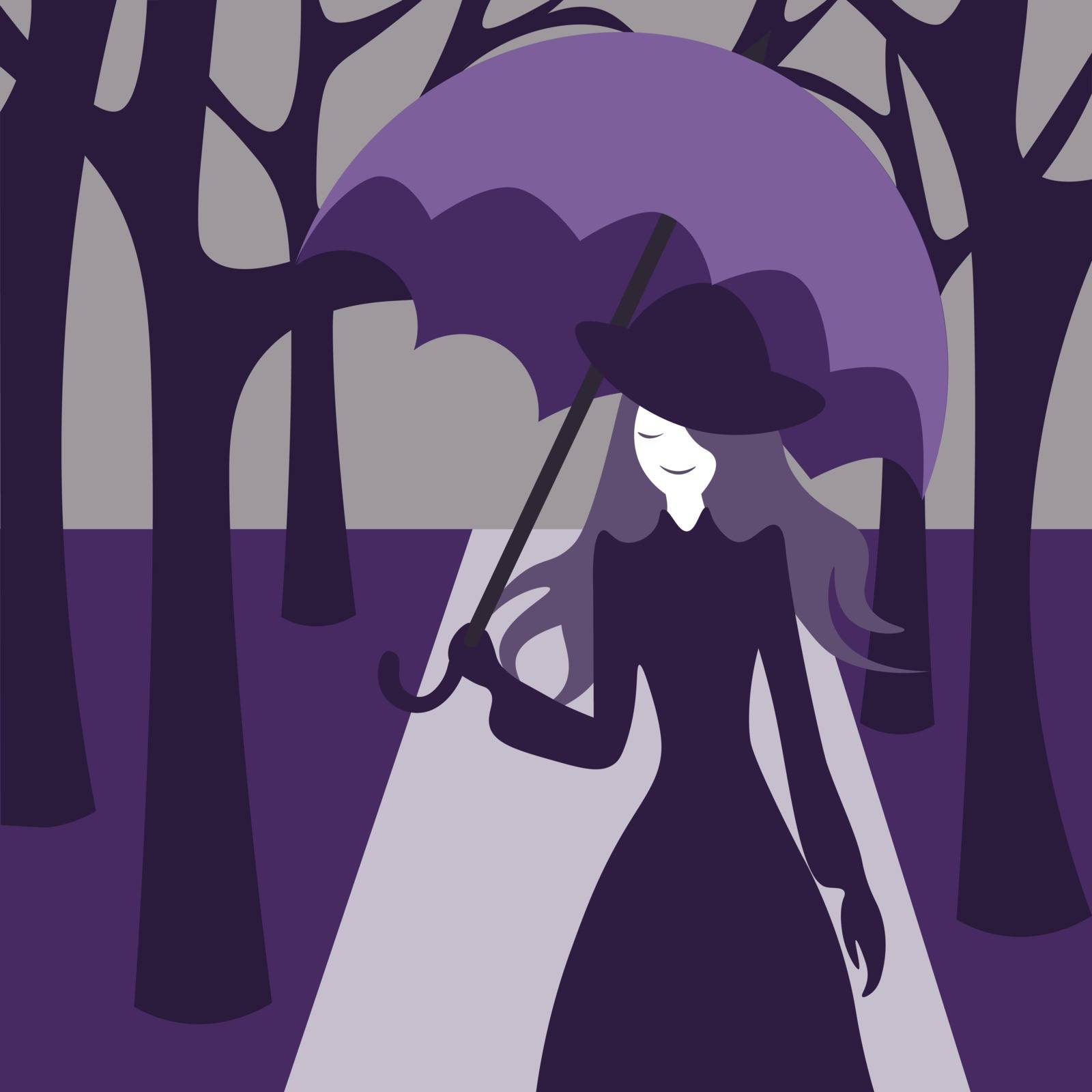 Old-fashioned woman with a parasol walking through the park in violet shades by paranoido