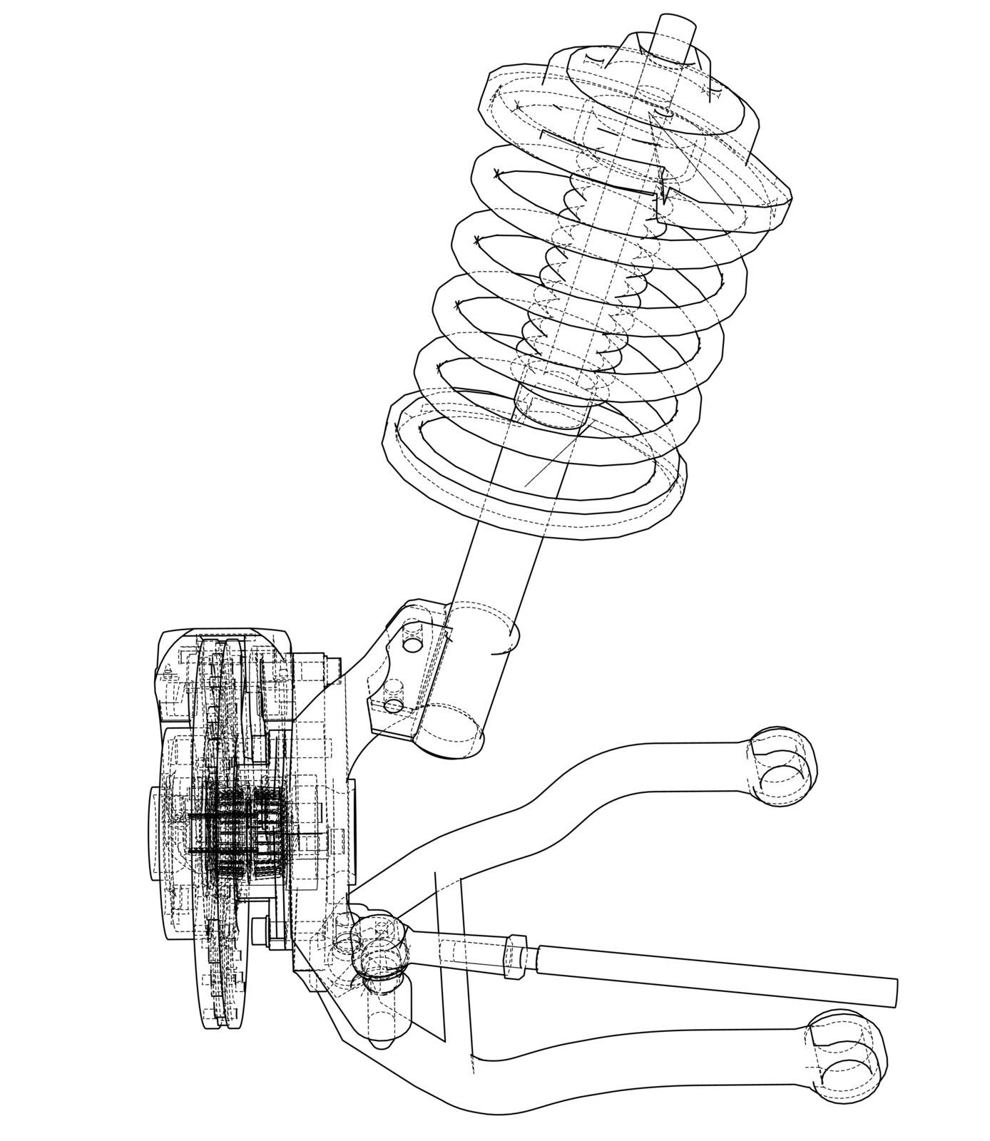 Car suspension with shock absorber. Vector rendering of 3d. Wire-frame style. The layers of visible and invisible lines are separated