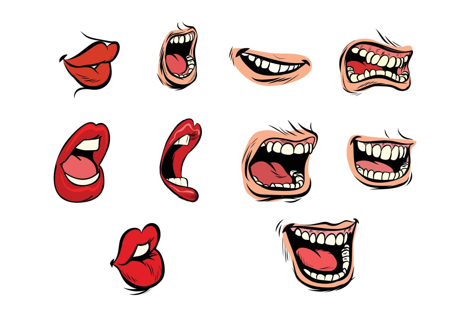 facial expression lips set. Comic cartoon pop art retro vector illustration drawing