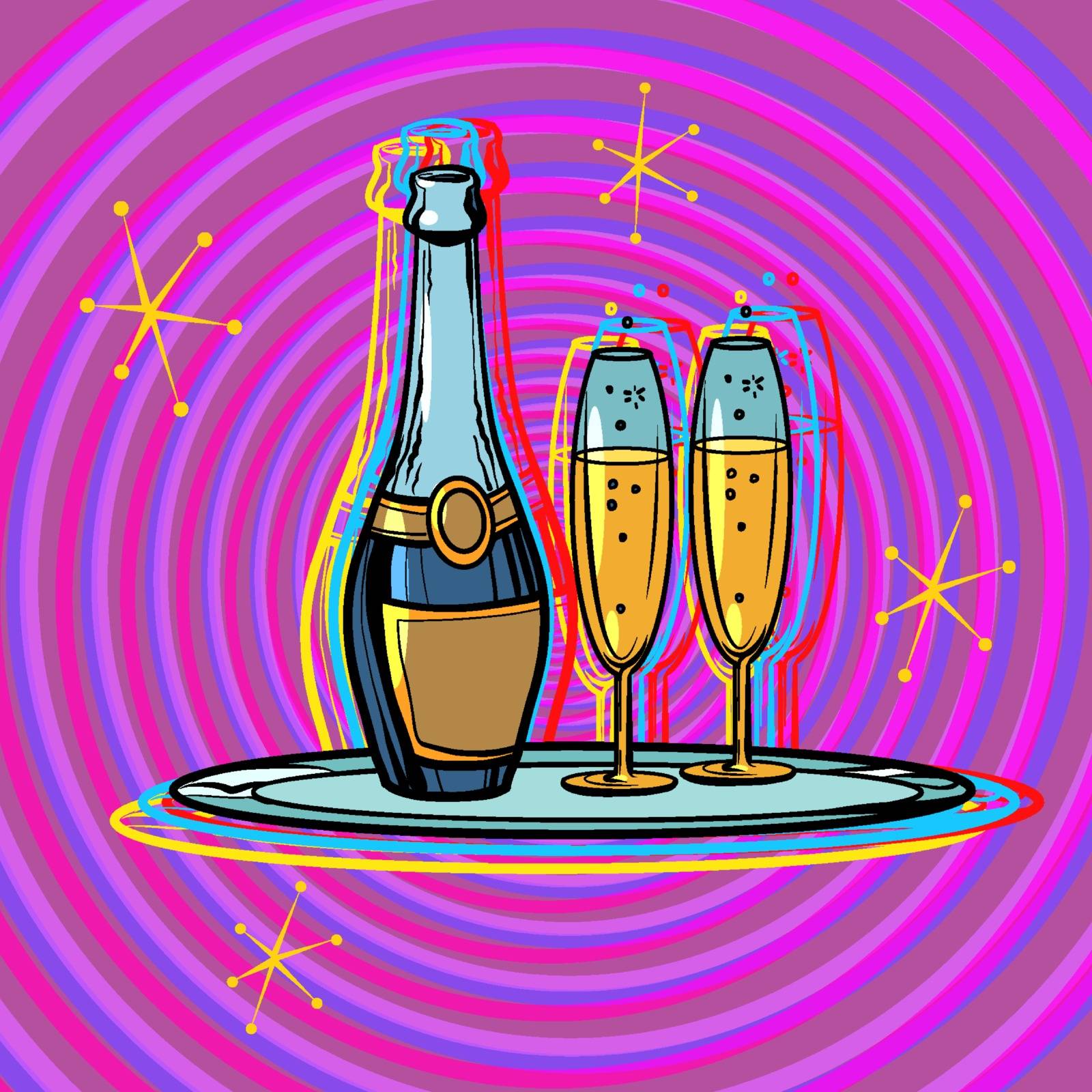 A bottle of champagne with glasses on a tray. Celebration. Pop art retro vector illustration vintage kitsch 50s 60s