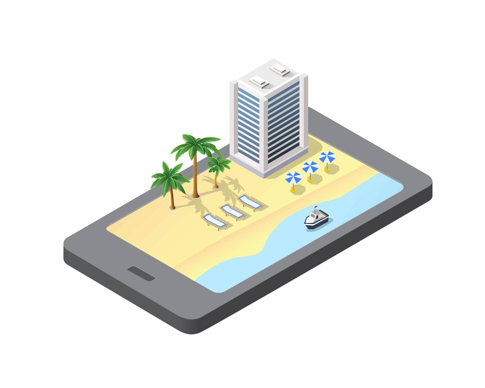Phone concept of Travel beach hotel module block city urban cityscape of building set elements street landscape architecture illustration