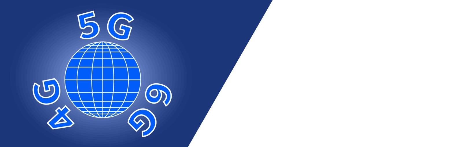4G 5G 6G symbol for website design. Horizontal blue and white banner. World globe sign on blue background. Space for text on white background. World telecommunication theme. Vector illustration EPS 10
