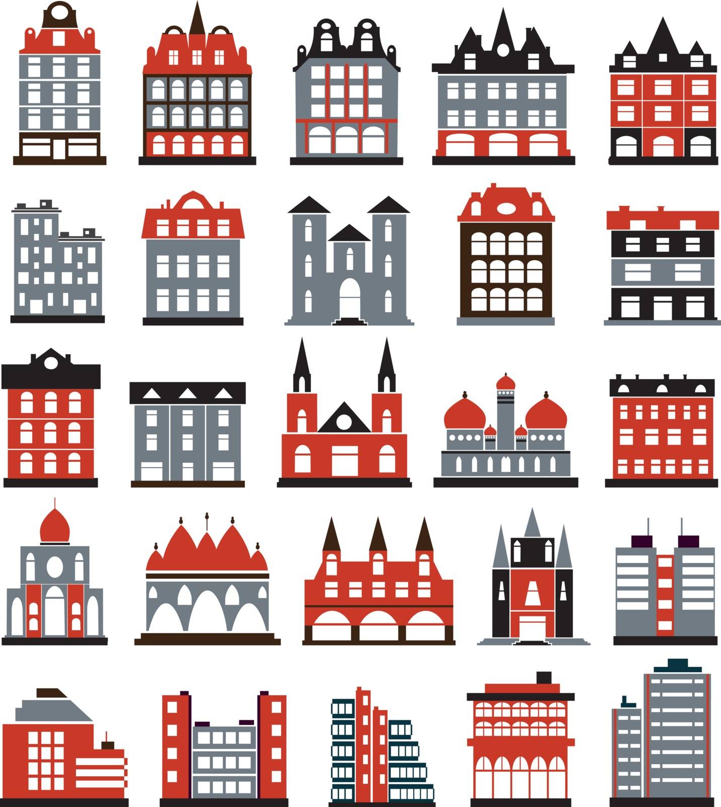 Colored silhouettes of city buildings on a white background