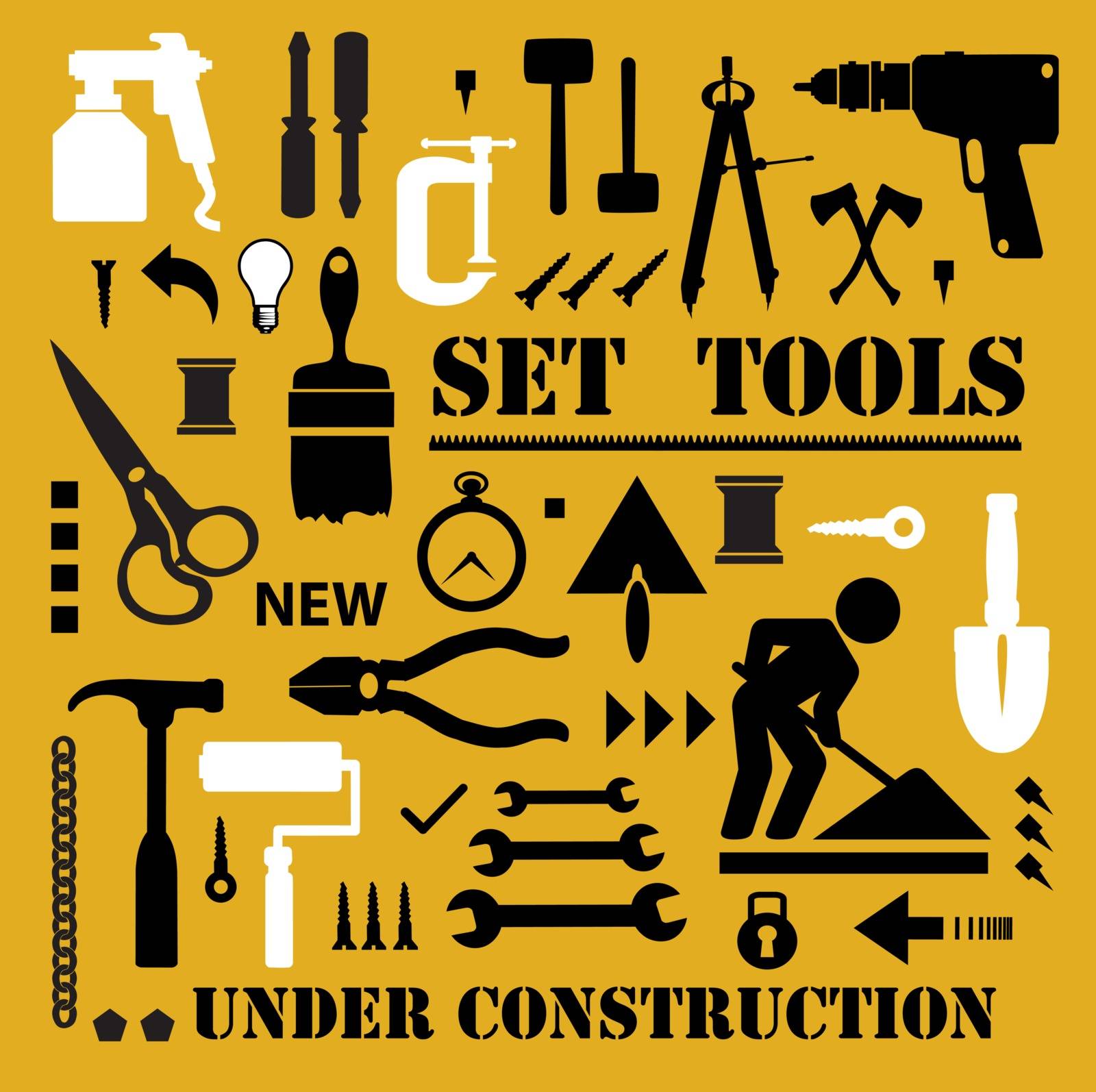 A set of tools silhouettes in black on a yellow background and black