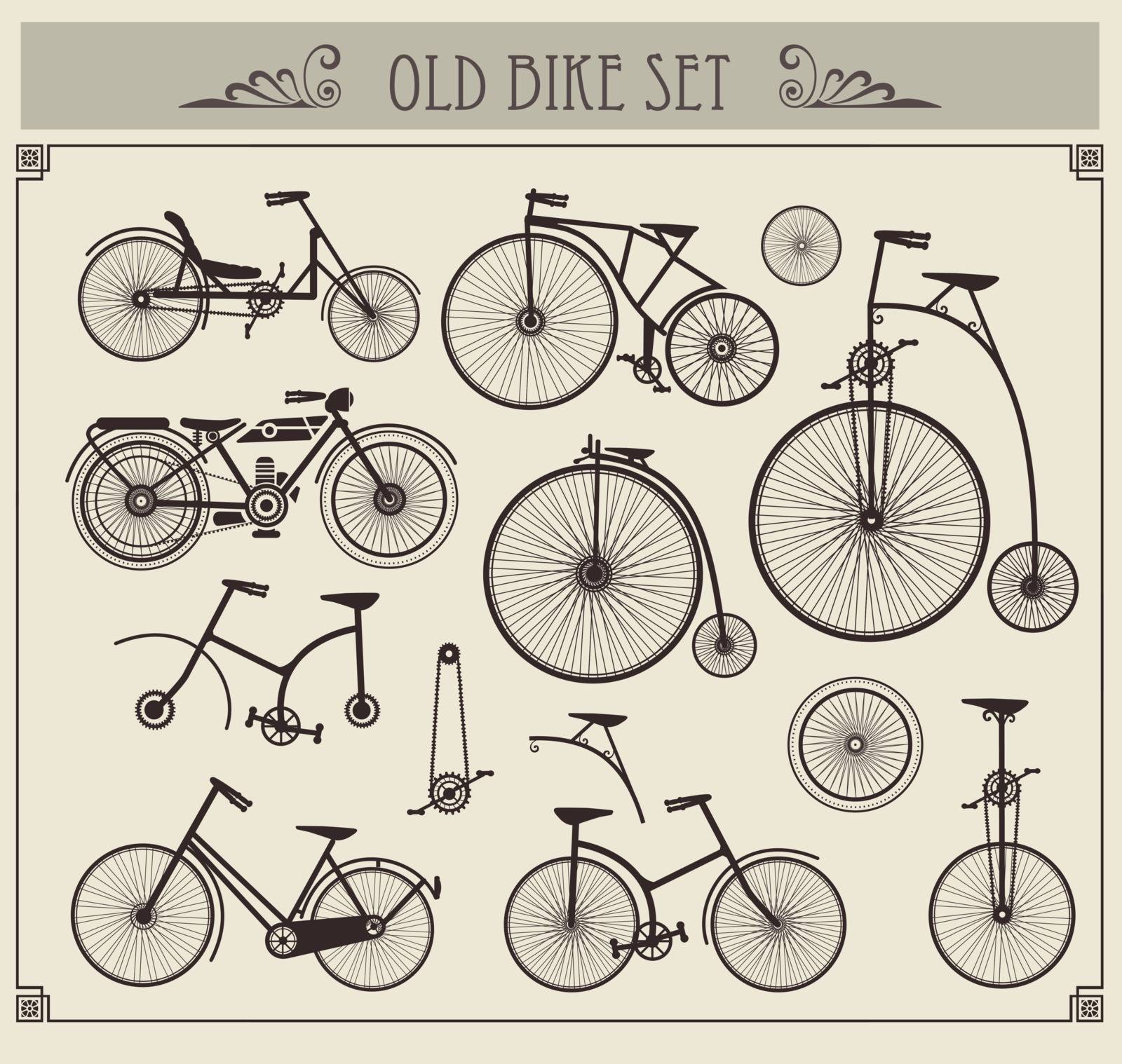 Vector set of old bikes on a gray background