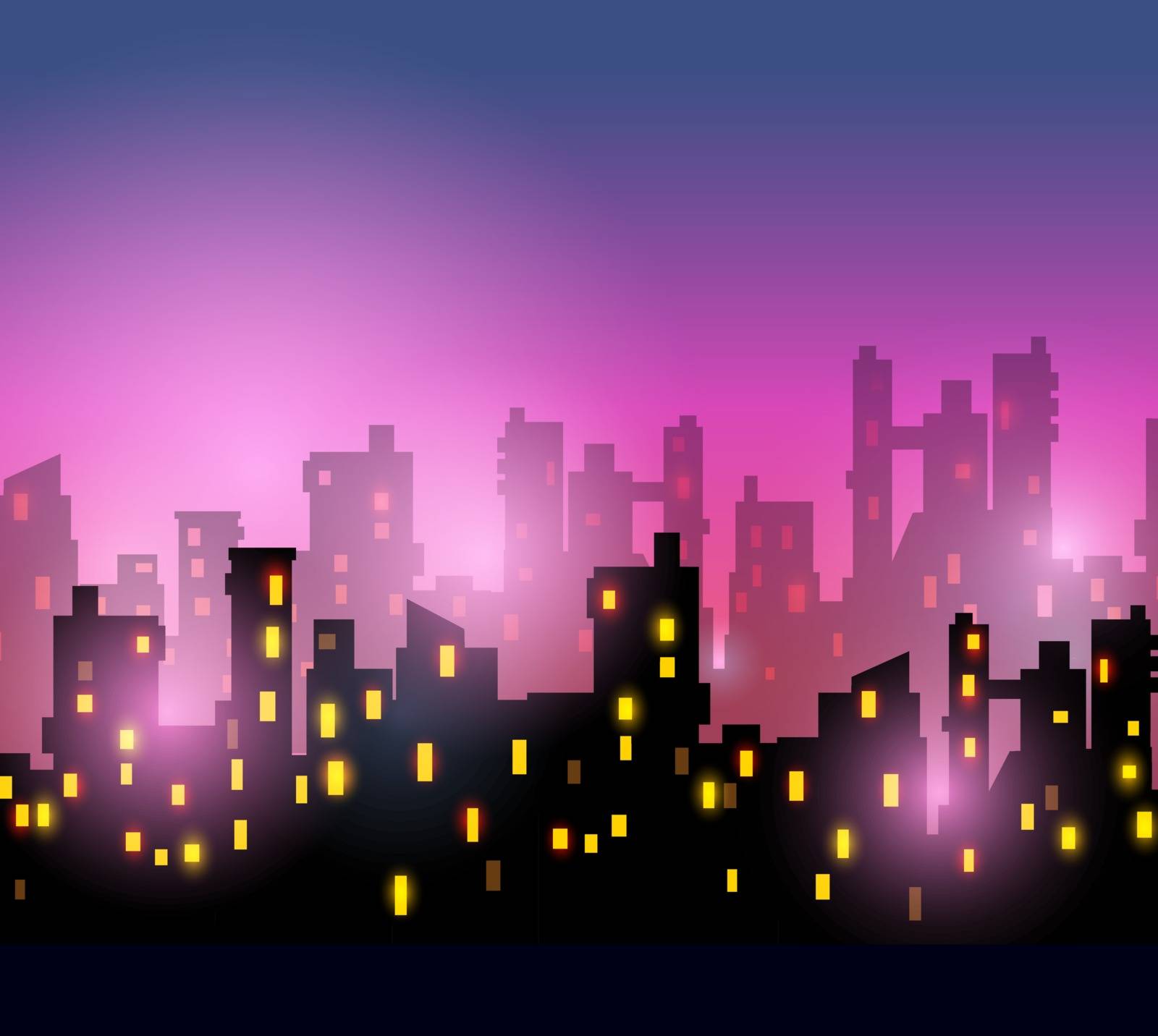 City silhouettes of different colors on red