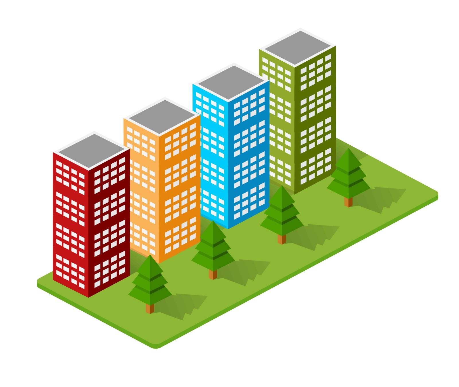 Isometric houses, town houses, skyscrapers and streets made in perspective projection for design sites, business portals and real estate agencies
