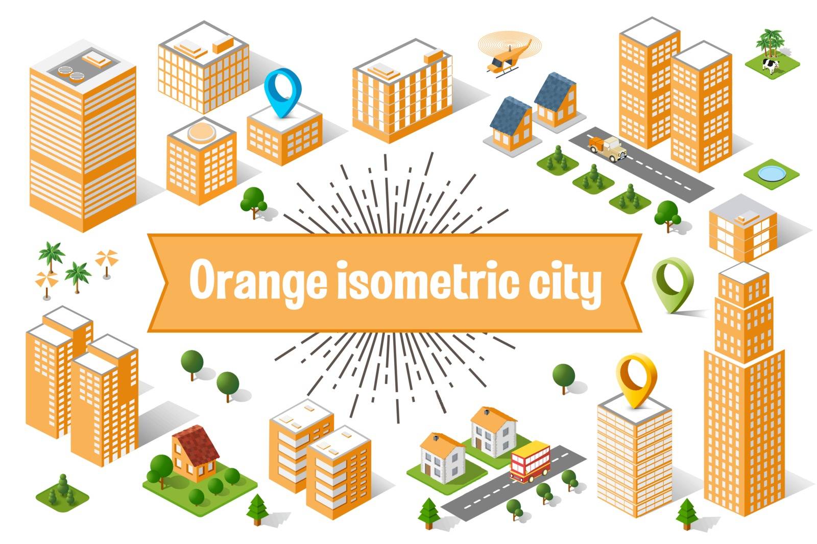 A large orange city of isometric urban objects. A set of urban buildings, skyscrapers, houses, supermarkets, roads and streets.