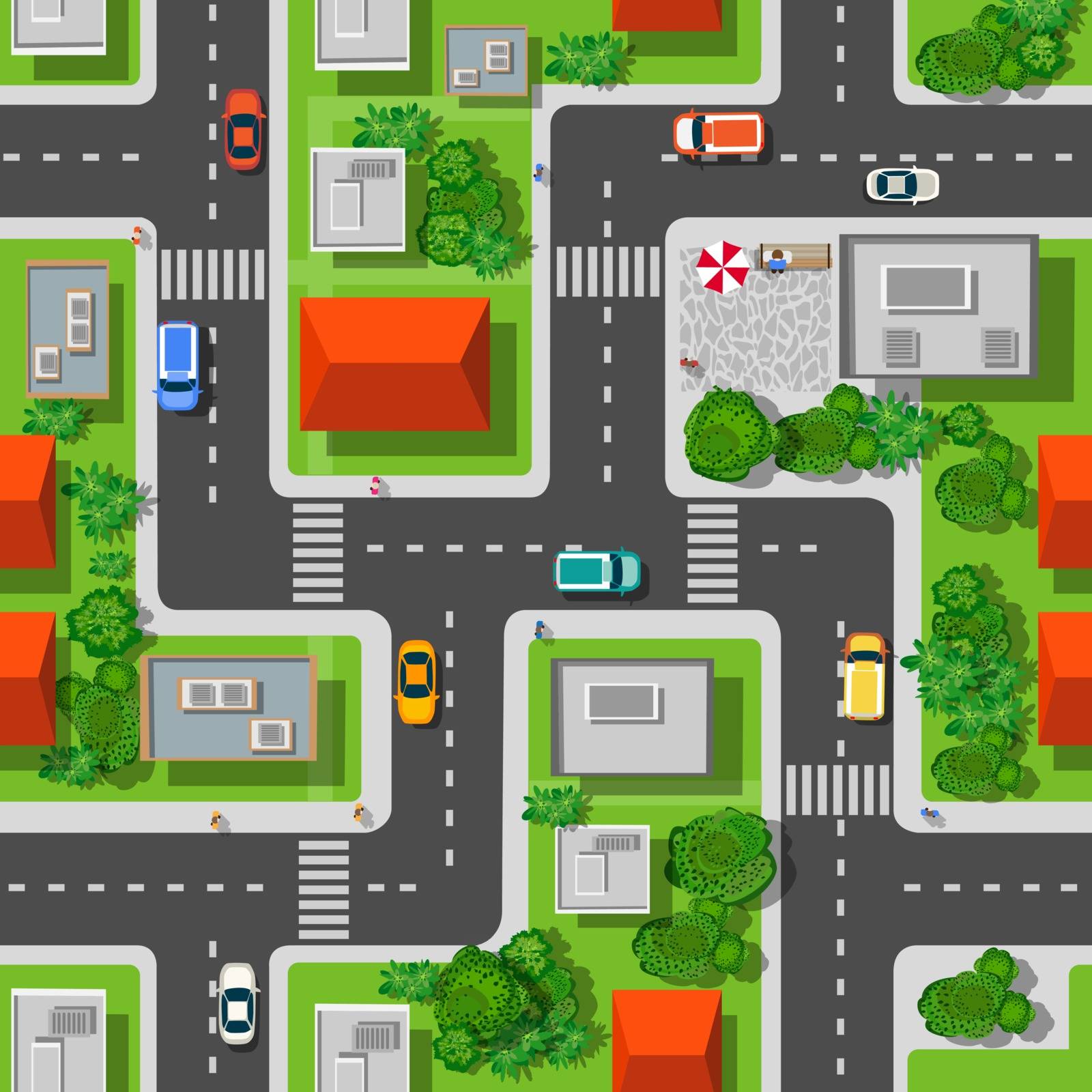 Top view of the city seamless pattern of streets, roads, houses, and cars