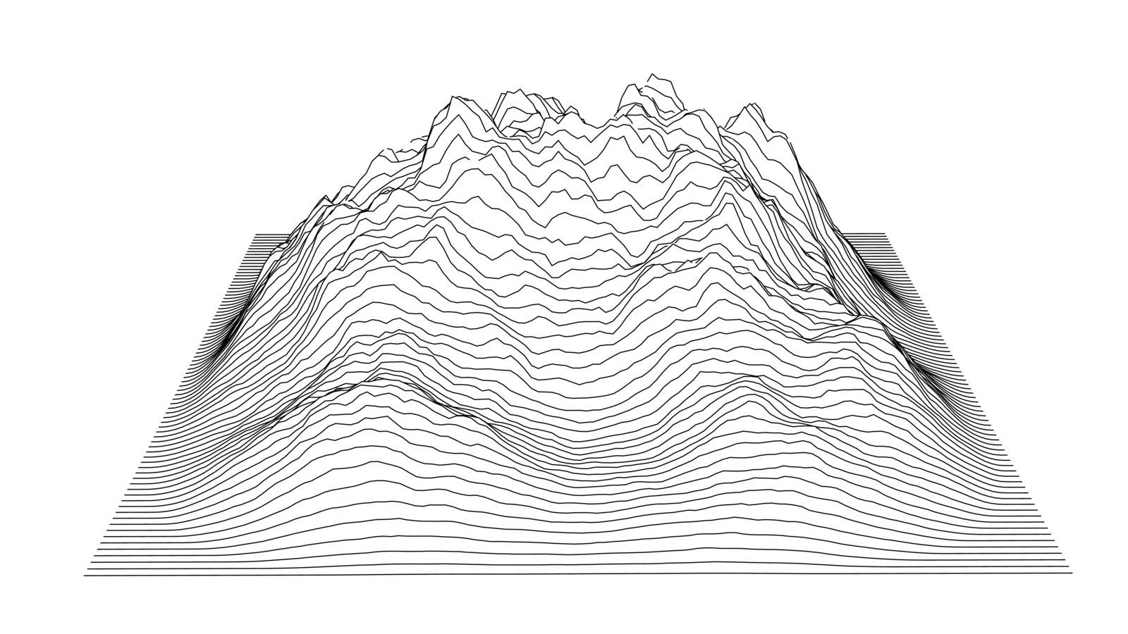 Curve lines in the shape of a part of a mountain range. Vector illustration is derived from 3D rendering. Black lines on a white background