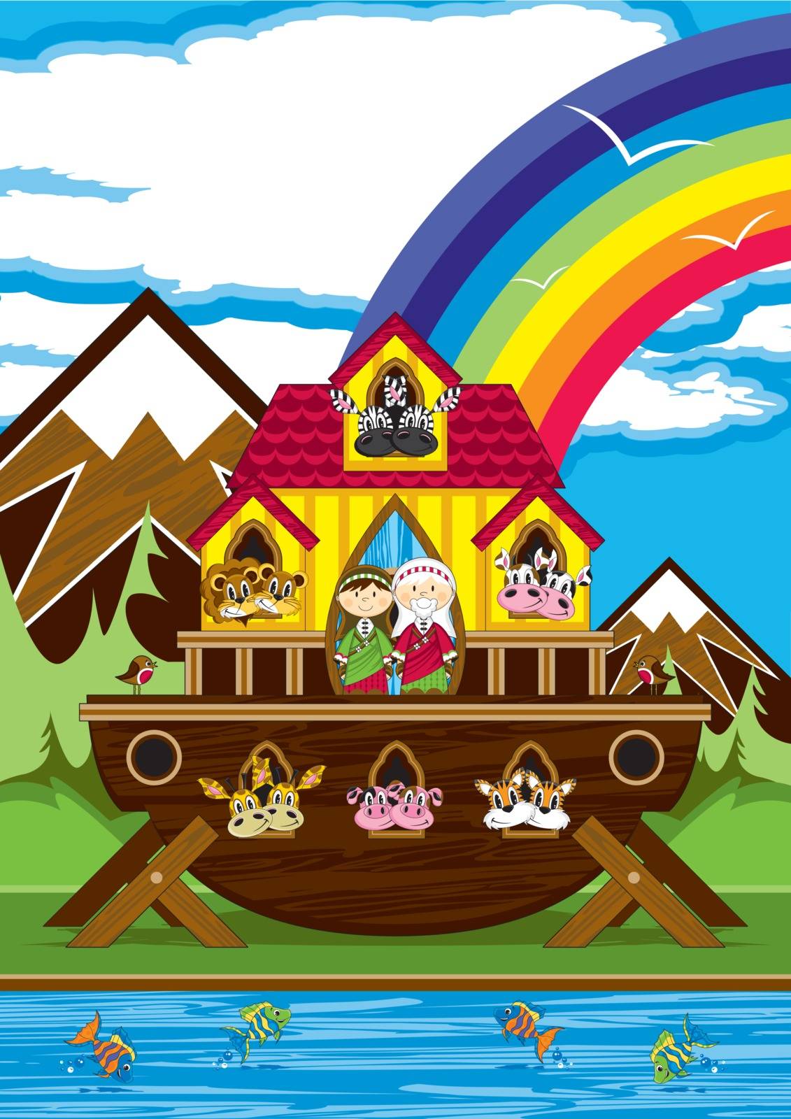 Cartoon Noah and the Ark with Animals by markmurphycreative