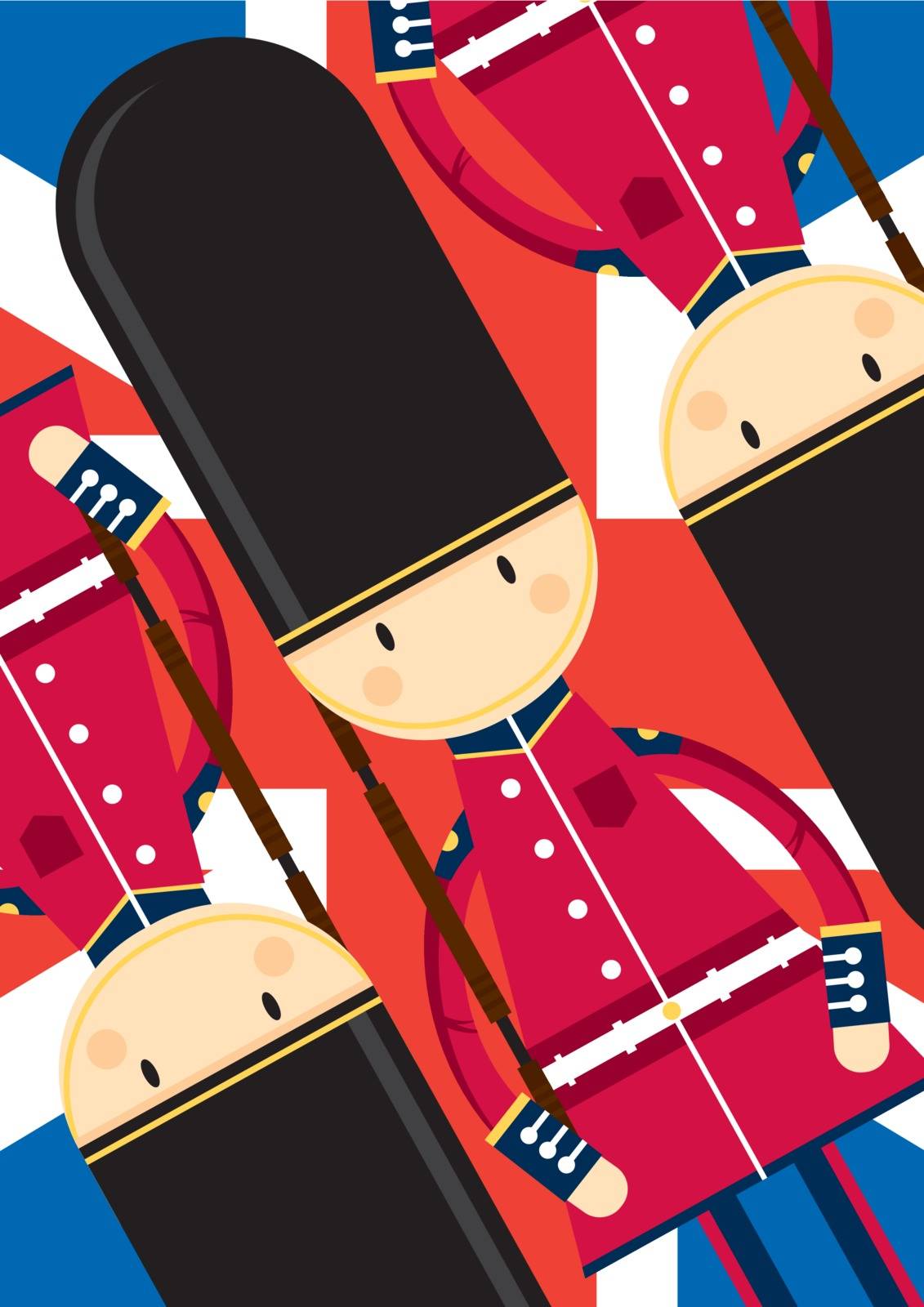 Cute Cartoon British Queen’s Palace Guard on a Union Jack Flag Background by Mark Murphy Creative