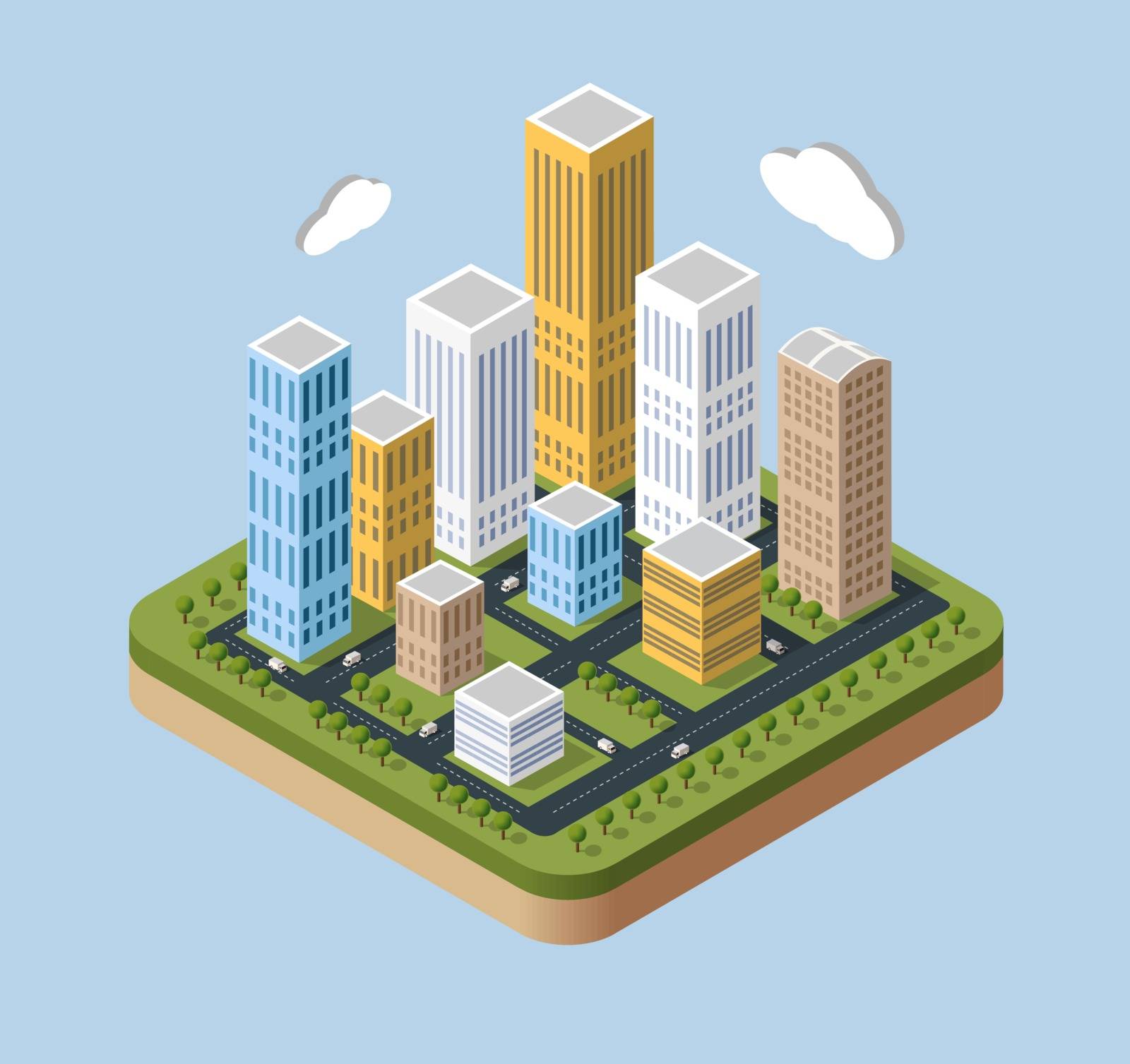  Skyscrapers and buildings in an isometric view. 