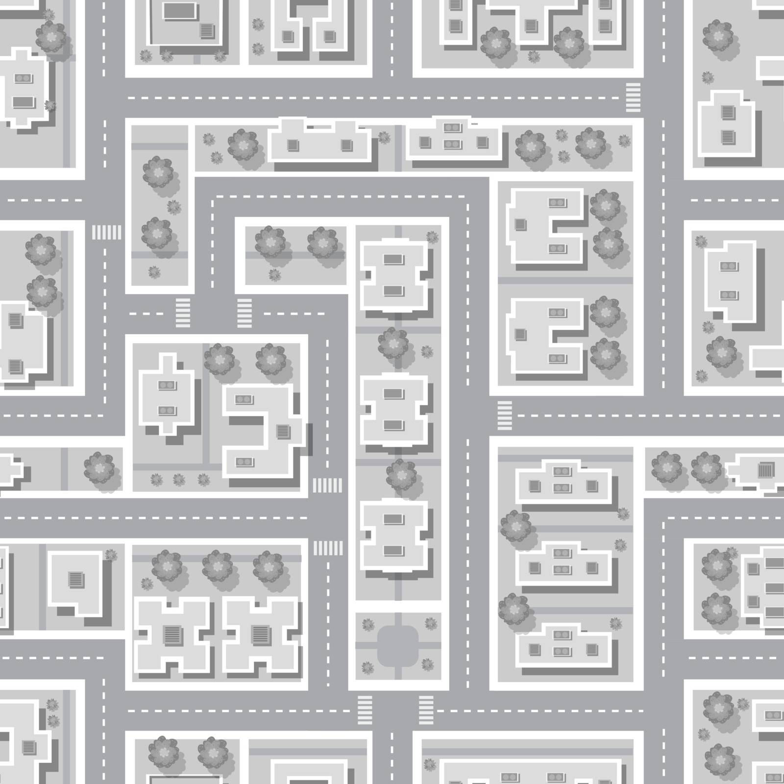 Top view of the city seamless pattern of streets, roads, houses, and cars