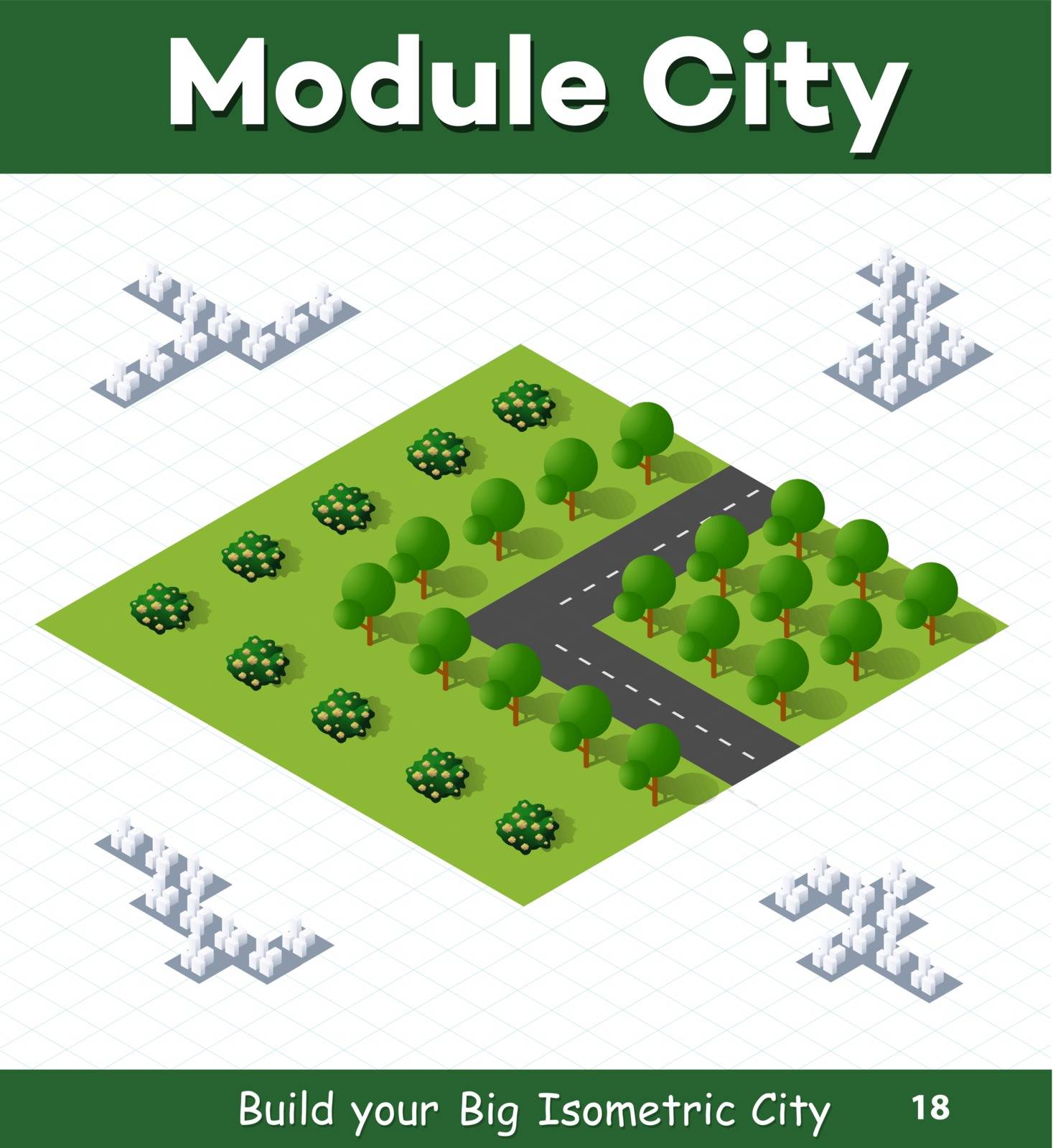 Urban module for the construction and design of large isometric city. Country parks with trees