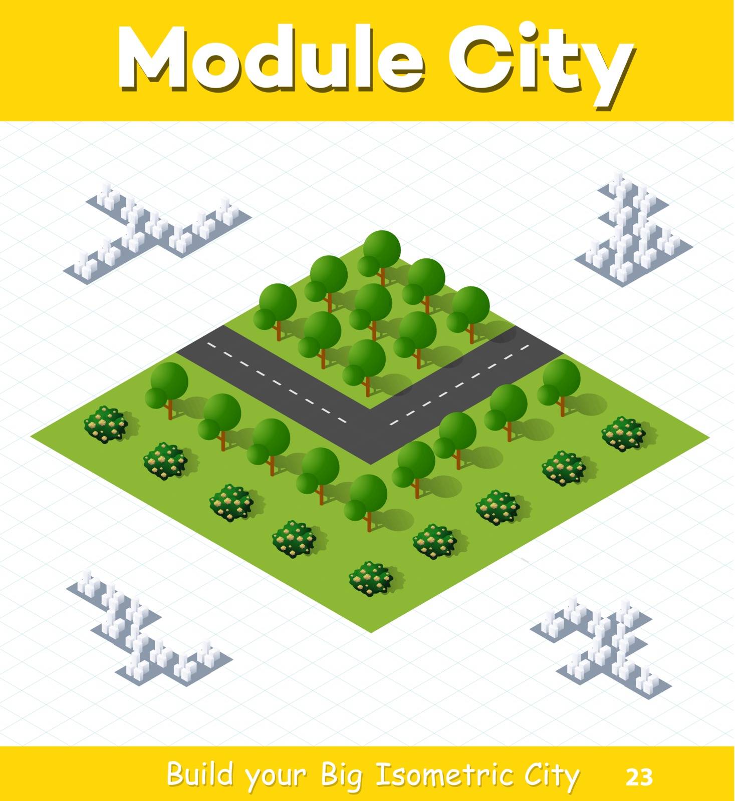 Urban module for the construction and design of large isometric city. Crossroads Country highway with a park with trees
