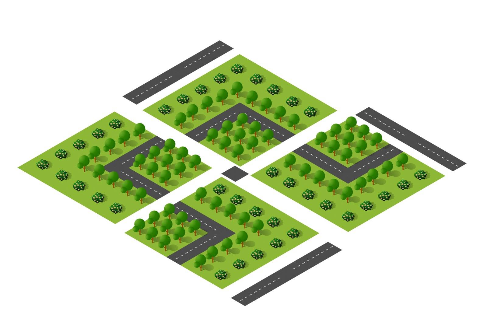 Urban module for the construction and design of large isometric city. Country park with trees