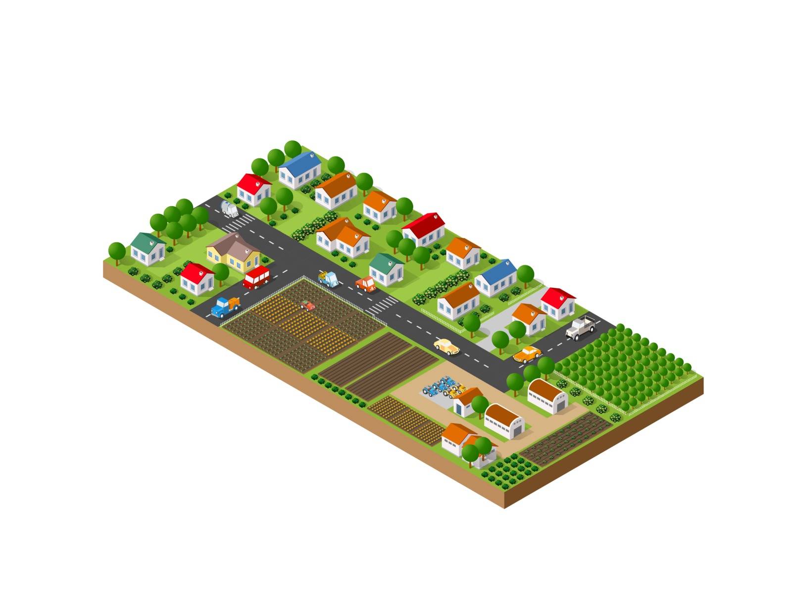 3D isometric landscape of a small town with houses and streets with trees