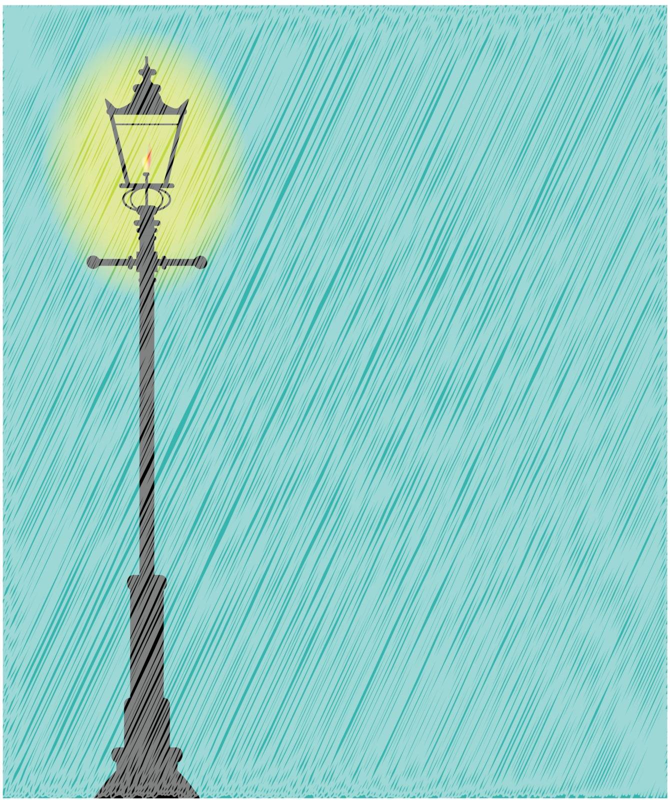 A lit gaslight in a downpour of heavy rain