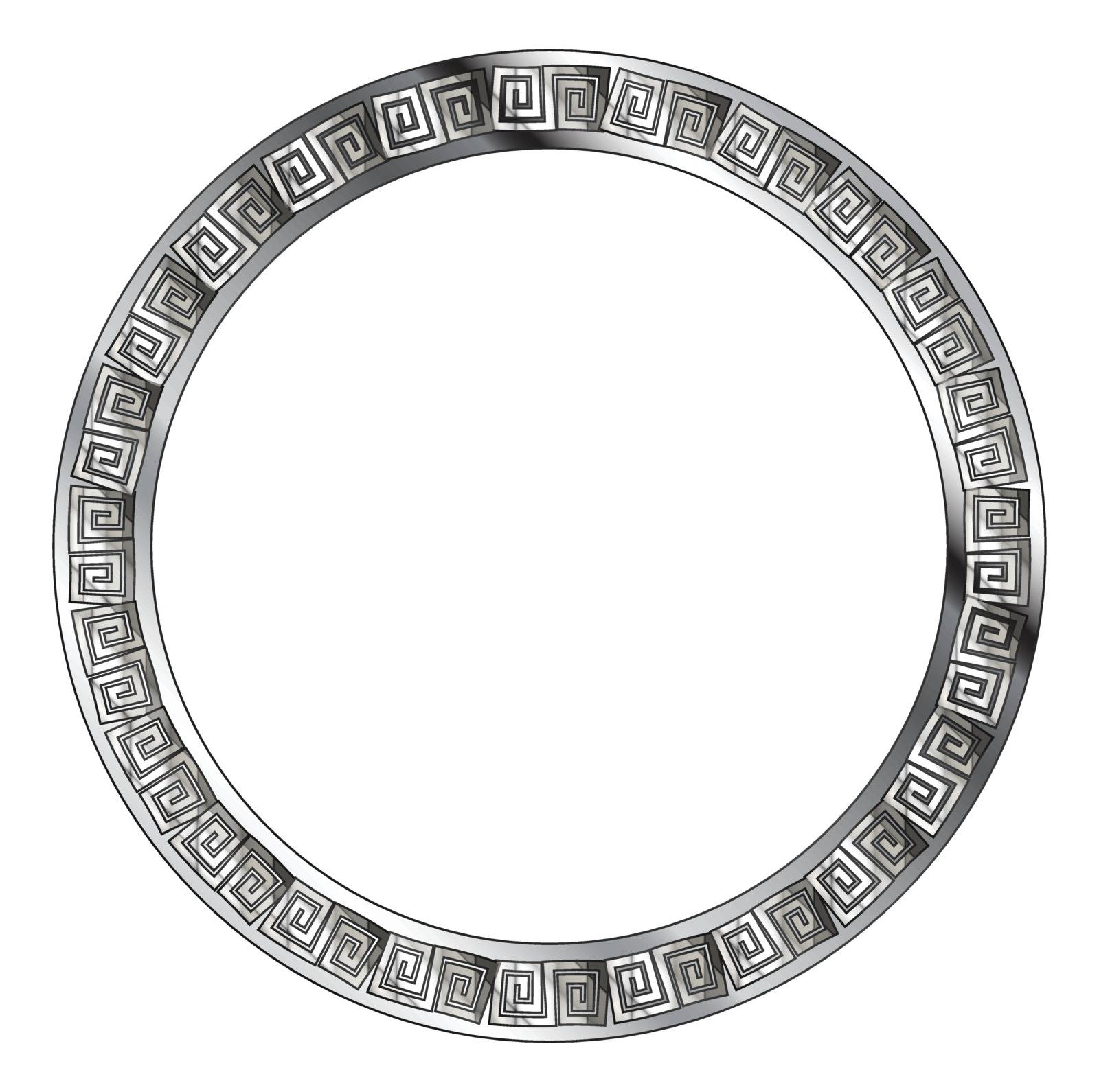 A silver circular pattern in a semi celtic style